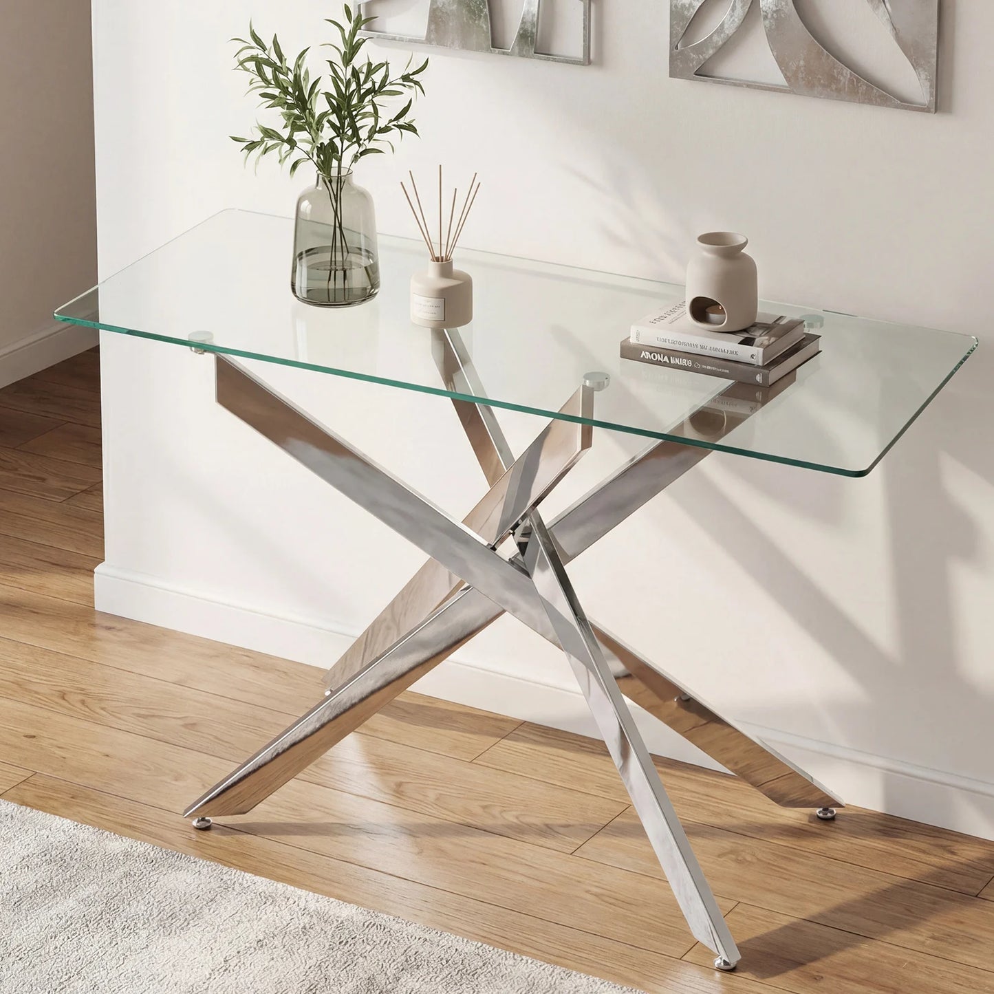 Glass Console Table Modern Entryway Table with Clear Tempered Glass Top-Silver