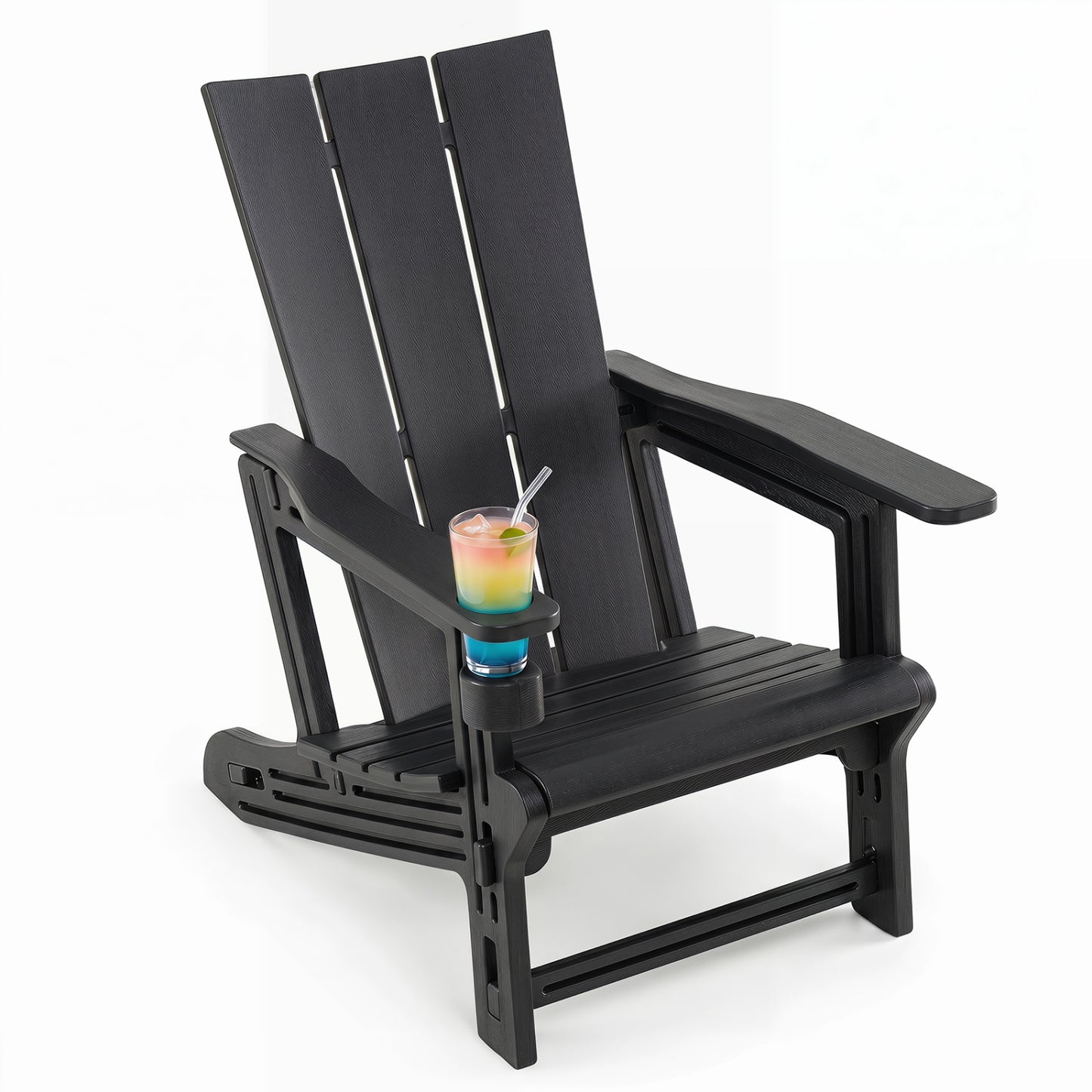 Black HDPE outdoor Adirondack chair with built-in cup holder, perfect for patio relaxation and outdoor seating.