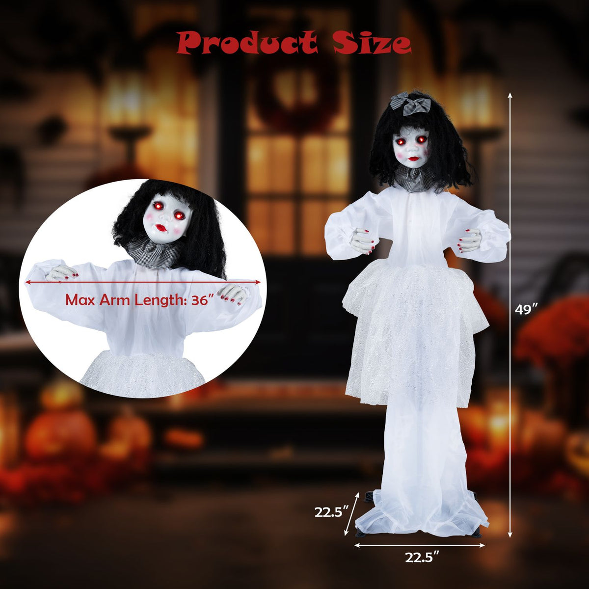 Halloween girl doll with shakeable head and posable arms, festive holiday Halloween decor by Wilsons Home Store