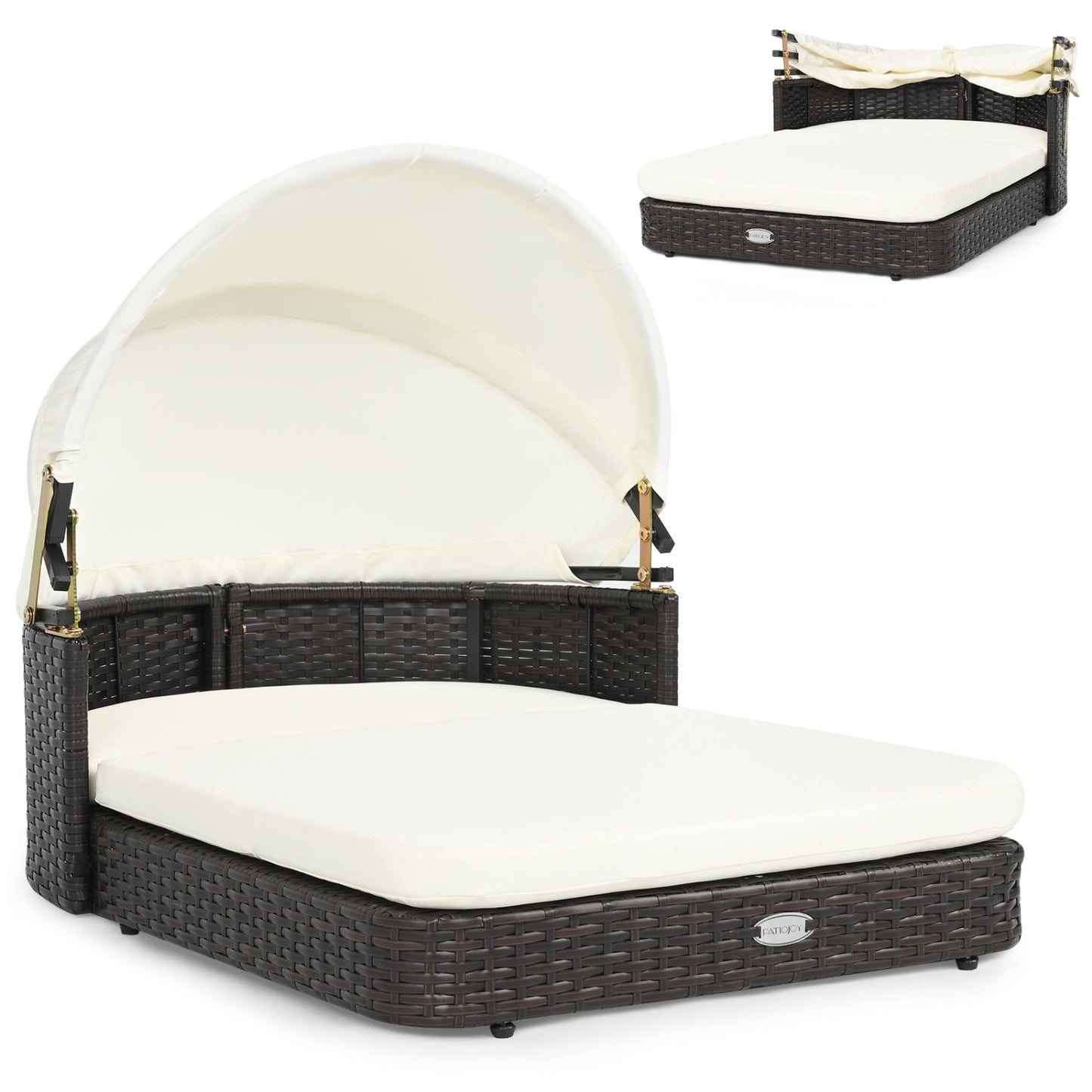 Wicker Dog House with Adjustable Canopy & 2 Detachable Cushions for Small Medium Dogs-Gray