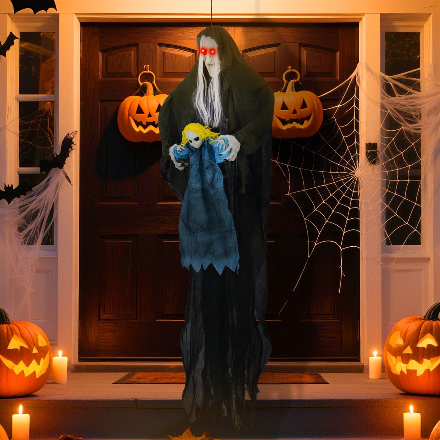 Hanging Halloween Decoration Sound-Activated Witch Holding Ghost Girl with Spooky Sounds