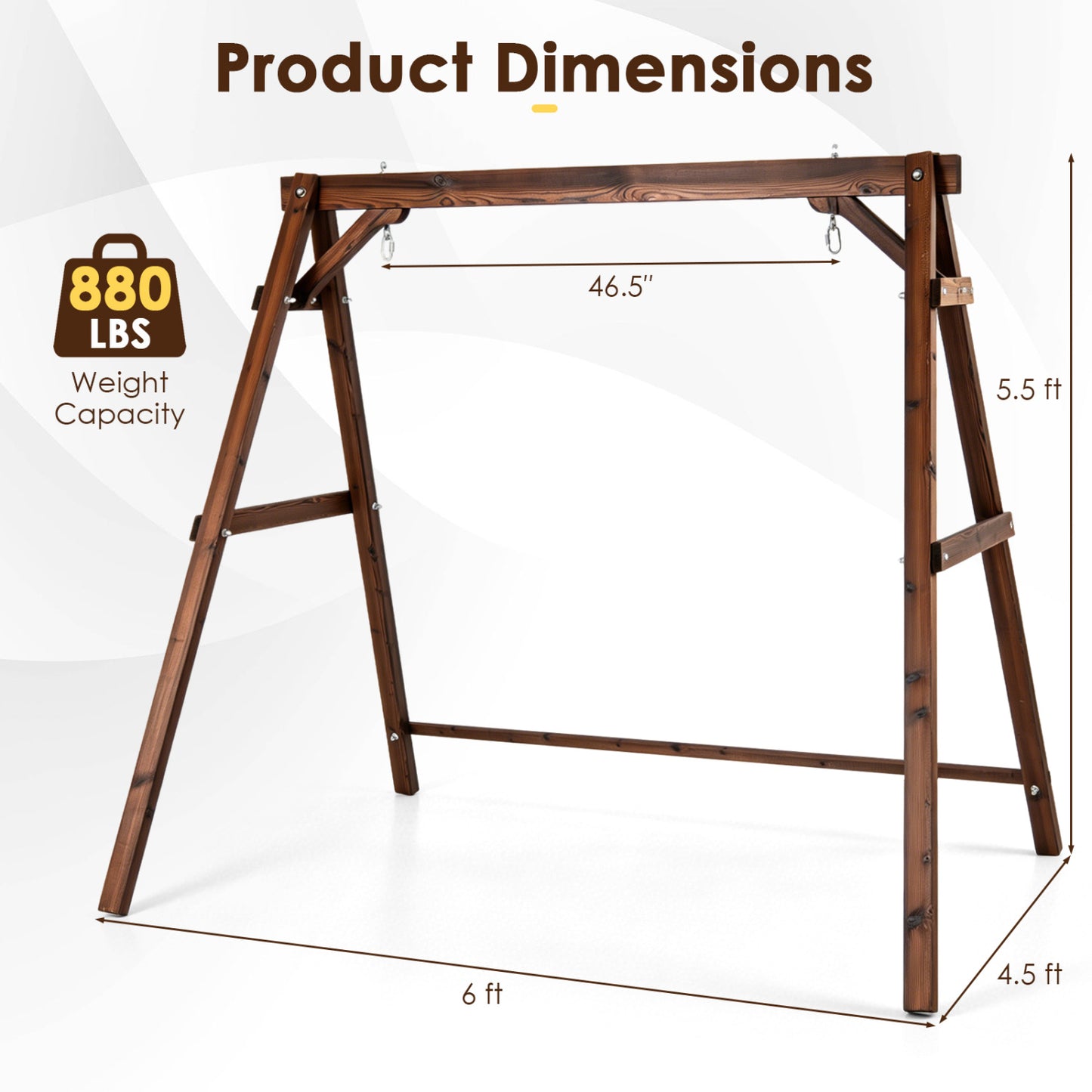 Heavy-duty carbonized fir wood swing frame with reinforced bars and hanging rings, ideal for outdoor porch seating.