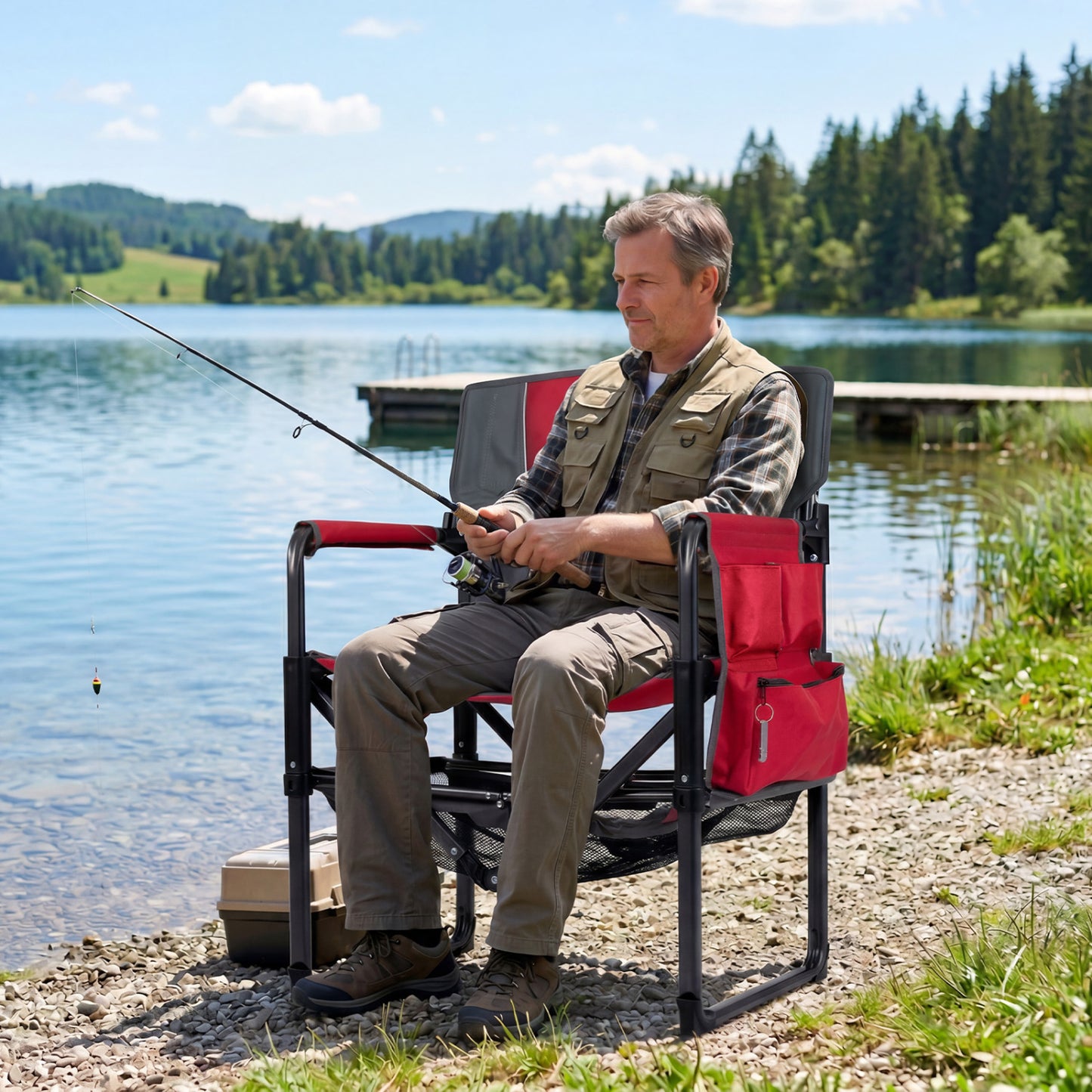 Red heavy-duty outdoor camping chair with cup holder and side pocket, durable camping furniture by Wilsons Home Store
