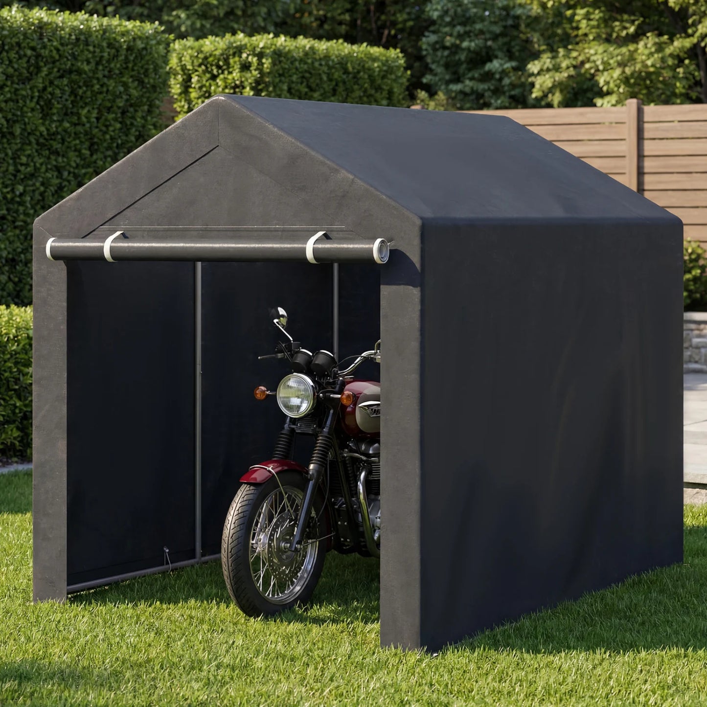 Heavy-duty portable storage shed by Wilsons Home Store with roll-up zipper door, ideal for outdoor storage and garden organization.