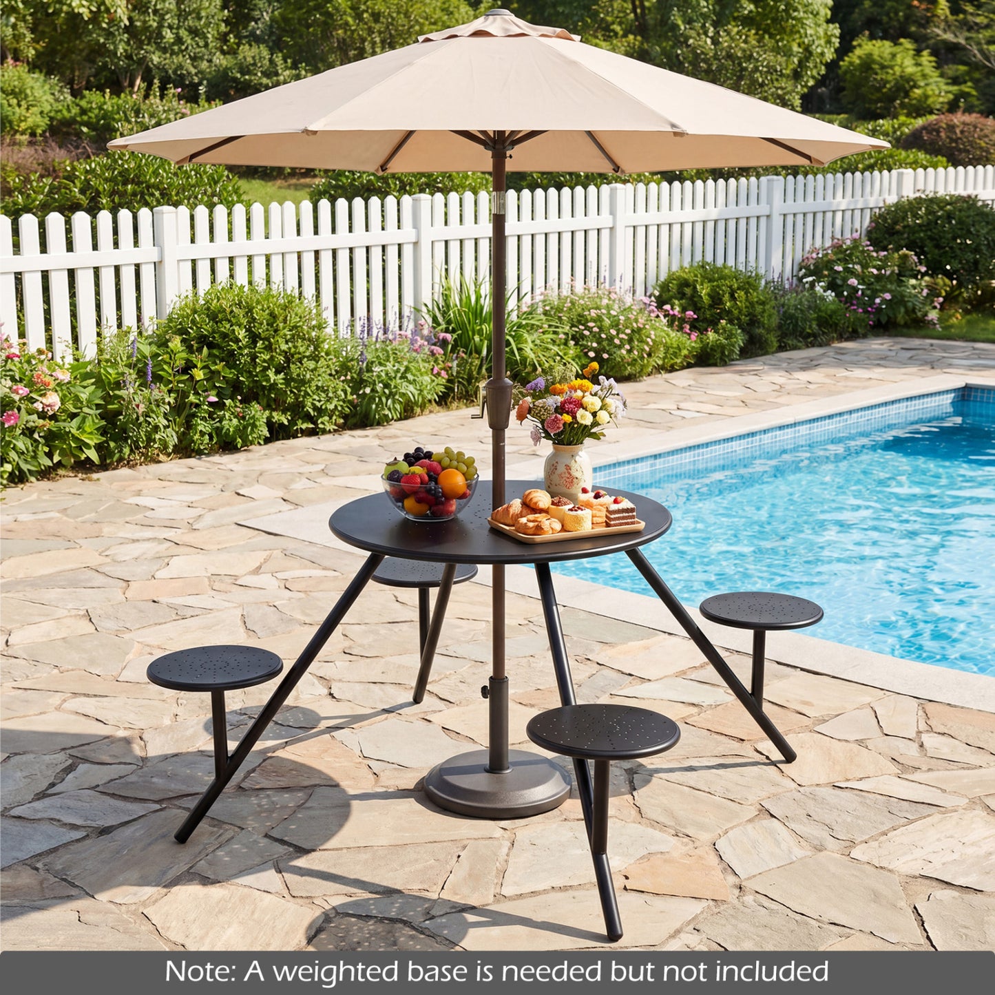 Heavy duty round black picnic table with iron seats and umbrella hole for outdoor patio use.