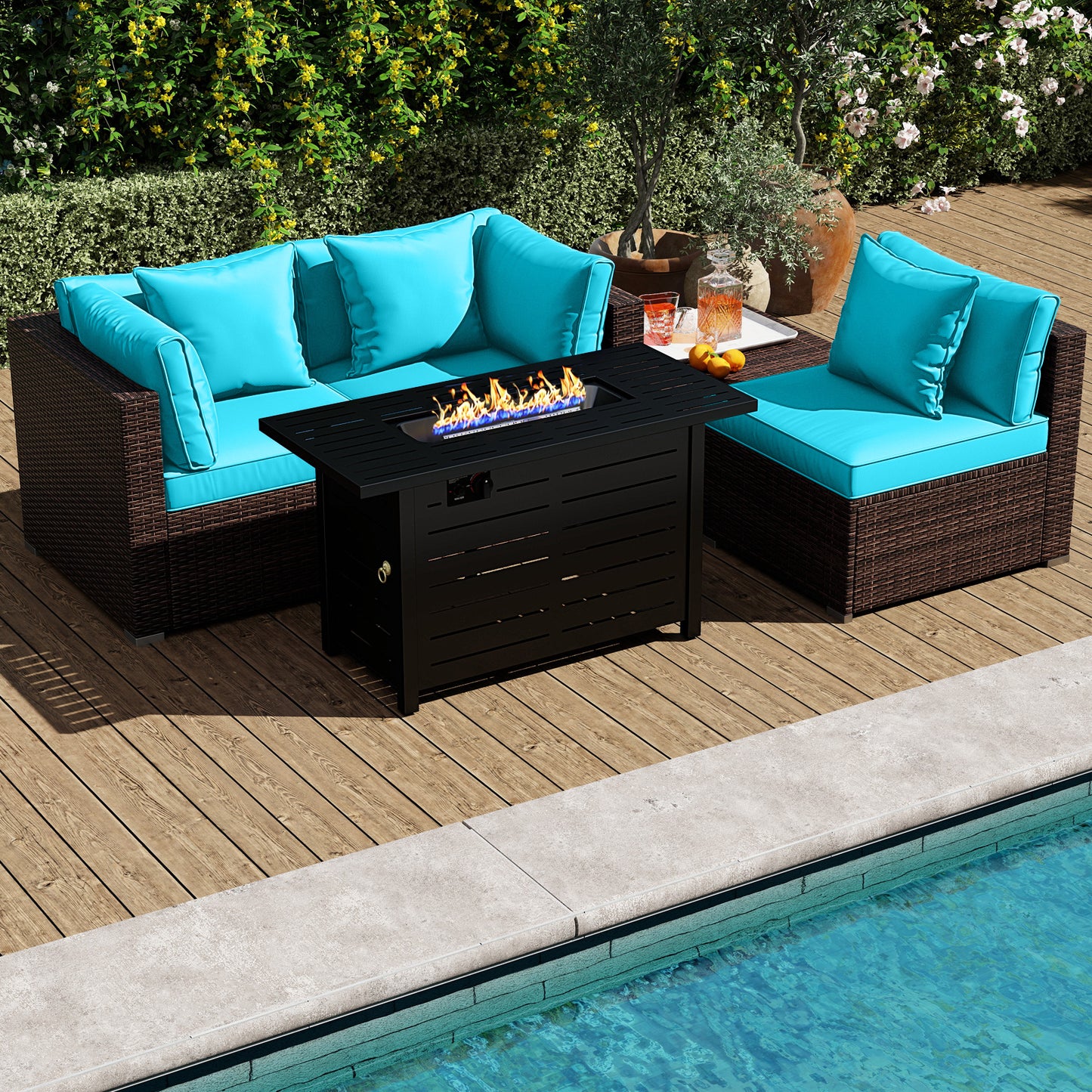 Heavy-duty Frame Rattan Sofa Set with 60000 BTU Firepit Table-Black