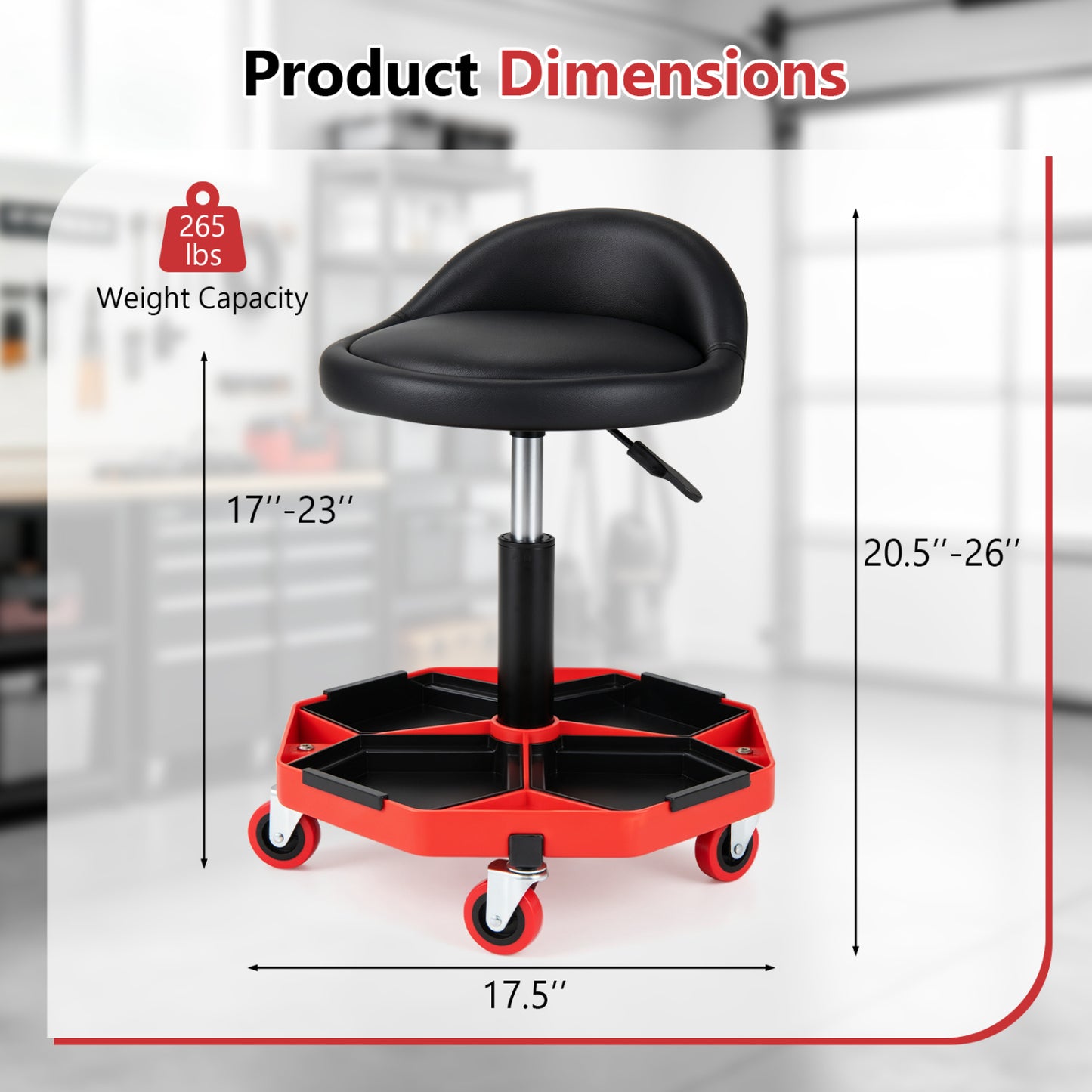 Height Adjustable Garage Seat with and PU Leather Seat Cushion-Blackred