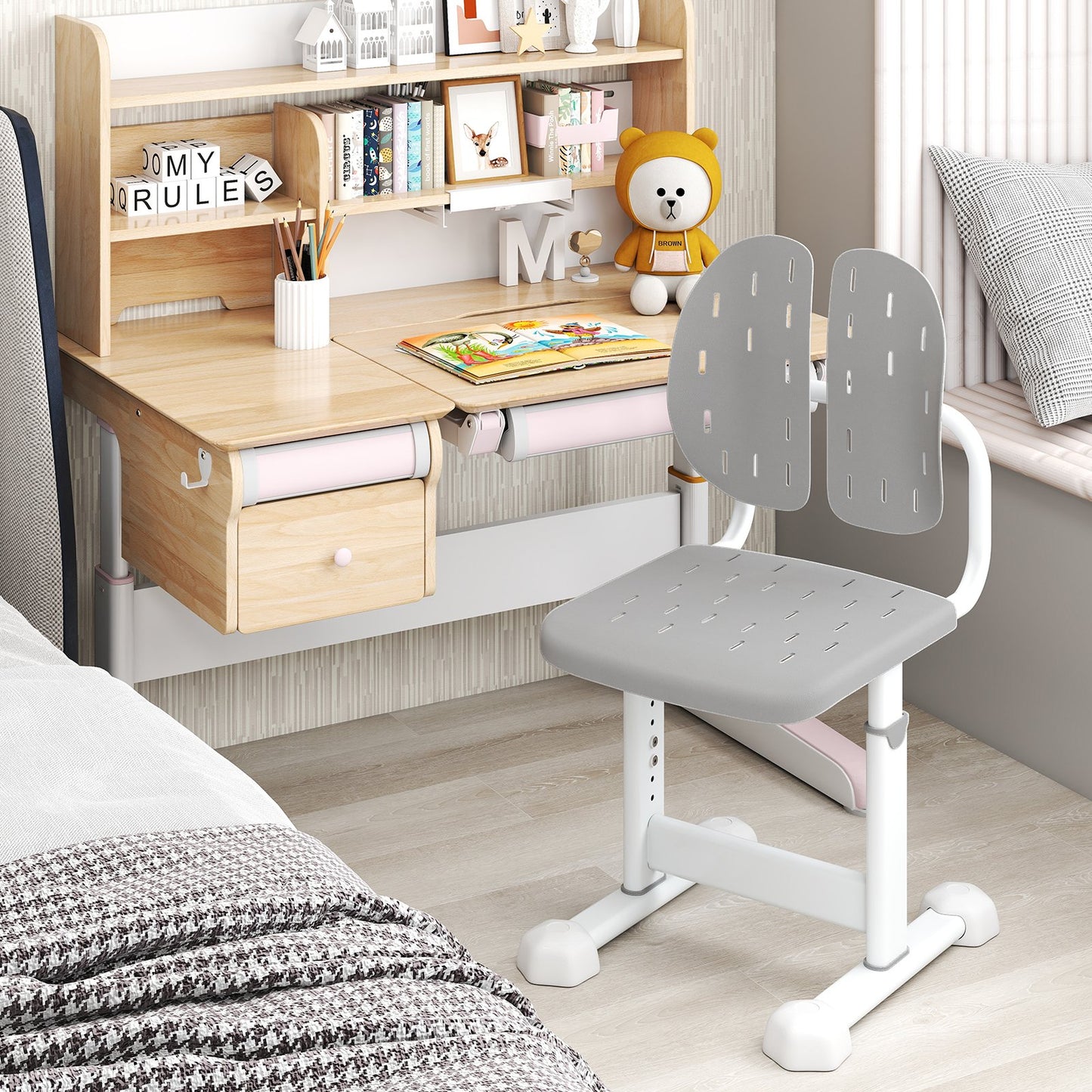 Height-adjustable Kid's Study Chair with Double Back Support and Breathable Seat for 3+ Years Old-Blue