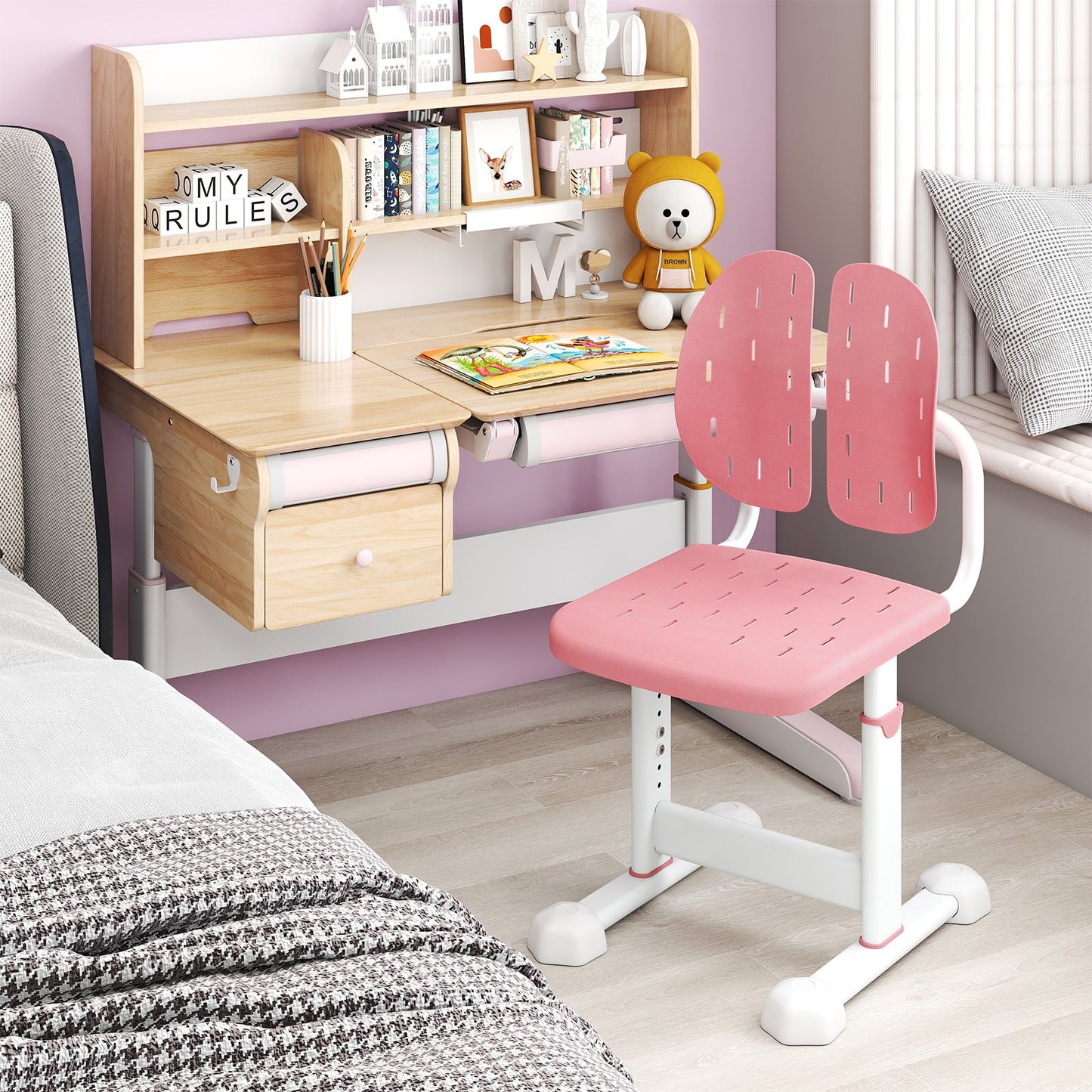 Height-adjustable Kid's Study Chair with Double Back Support and Breathable Seat for 3+ Years Old-Blue
