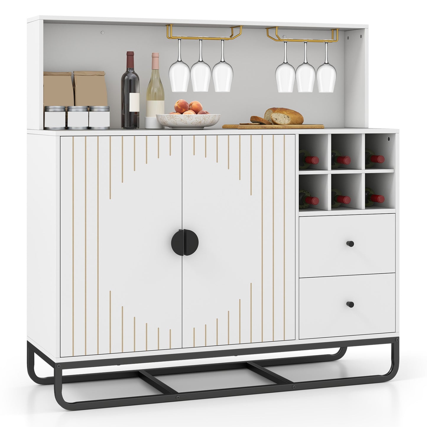 Home Bar Cabinet with Wine Rack Glass Holder and Adjustable Shelf-Black
