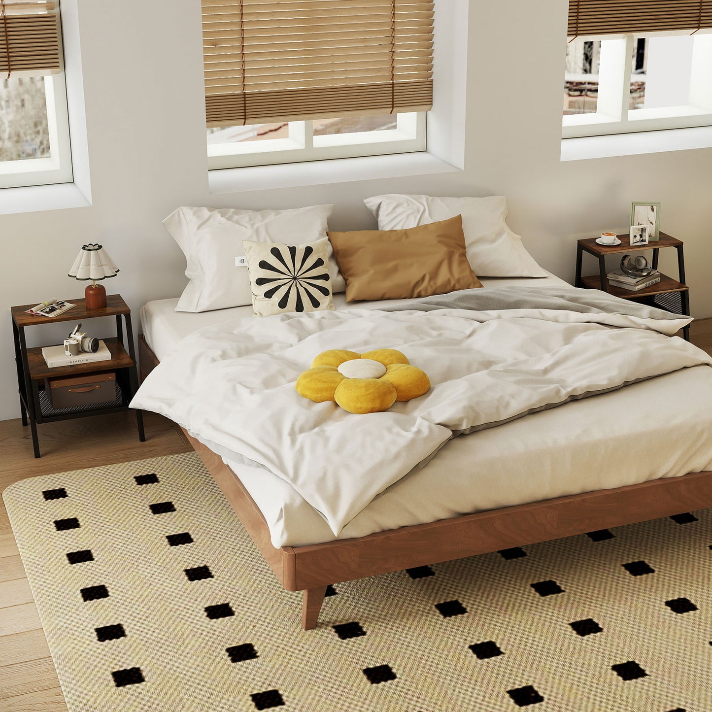 Industrial Nightstand 3-Tier End Table Set of 2 with 2 Open Shelves and Metal Mesh Compartment-Rustic Brown