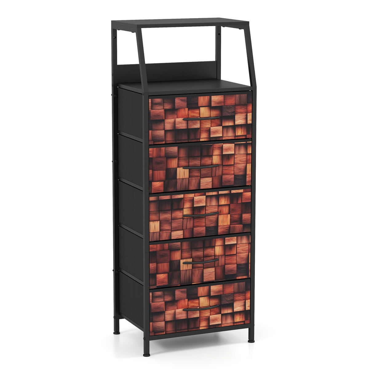 Industrial Nightstand with 5 Fabric Drawers and Sturdy Metal Frame for Bedroom-Brown + Black