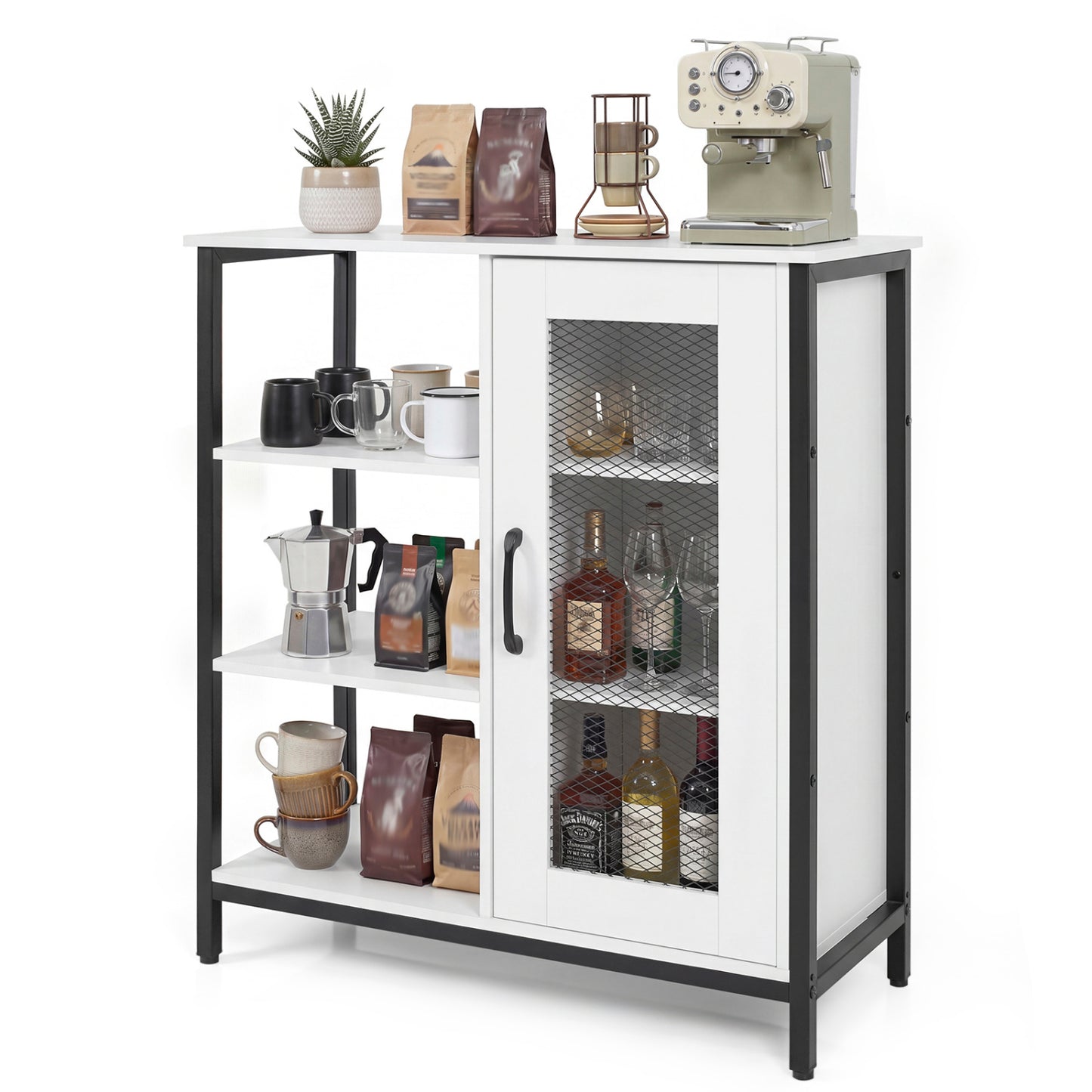 Industrial Side Cabinet with Metal Mesh Door and 3 Open Shelves-Rustic Brown