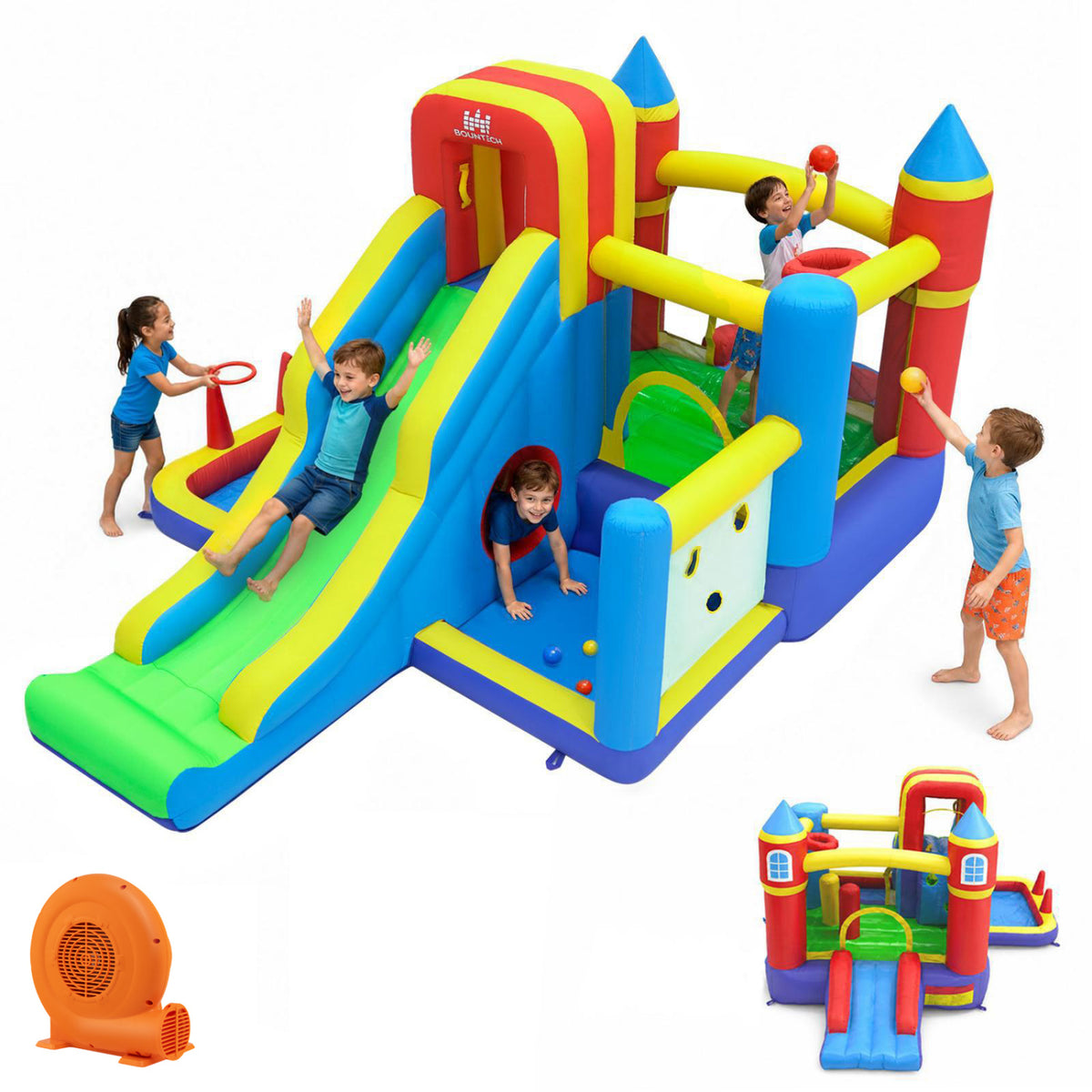 Inflatable Bounce House with 750W Air Blower with SlideSubtitle Climbing Wall and Basketball Hoop for Kid Backyard Indoor Outdoor