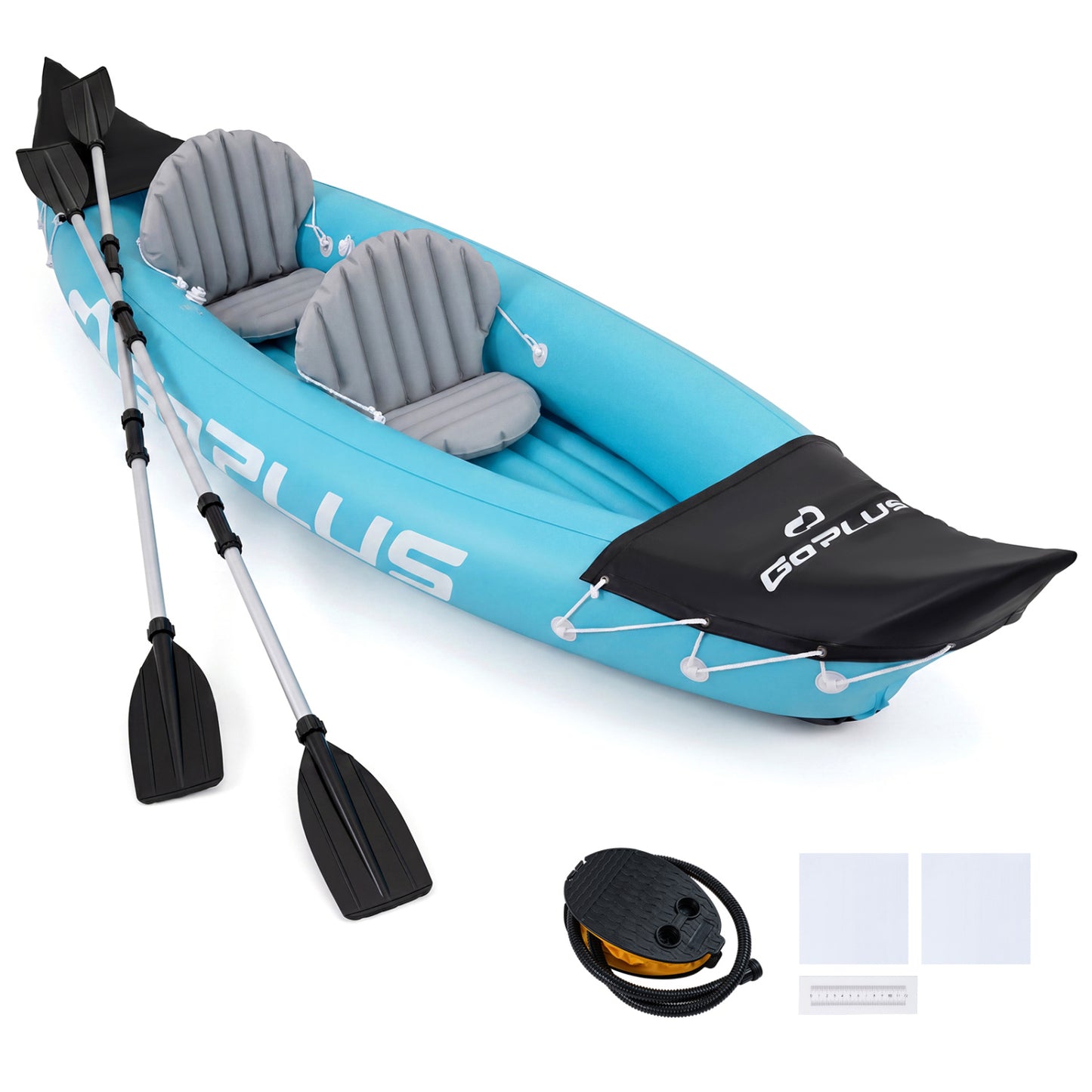 Blue inflatable two-person kayak with aluminum paddles, heavy-duty tandem touring kayak for water sports, shown in outdoor setting.