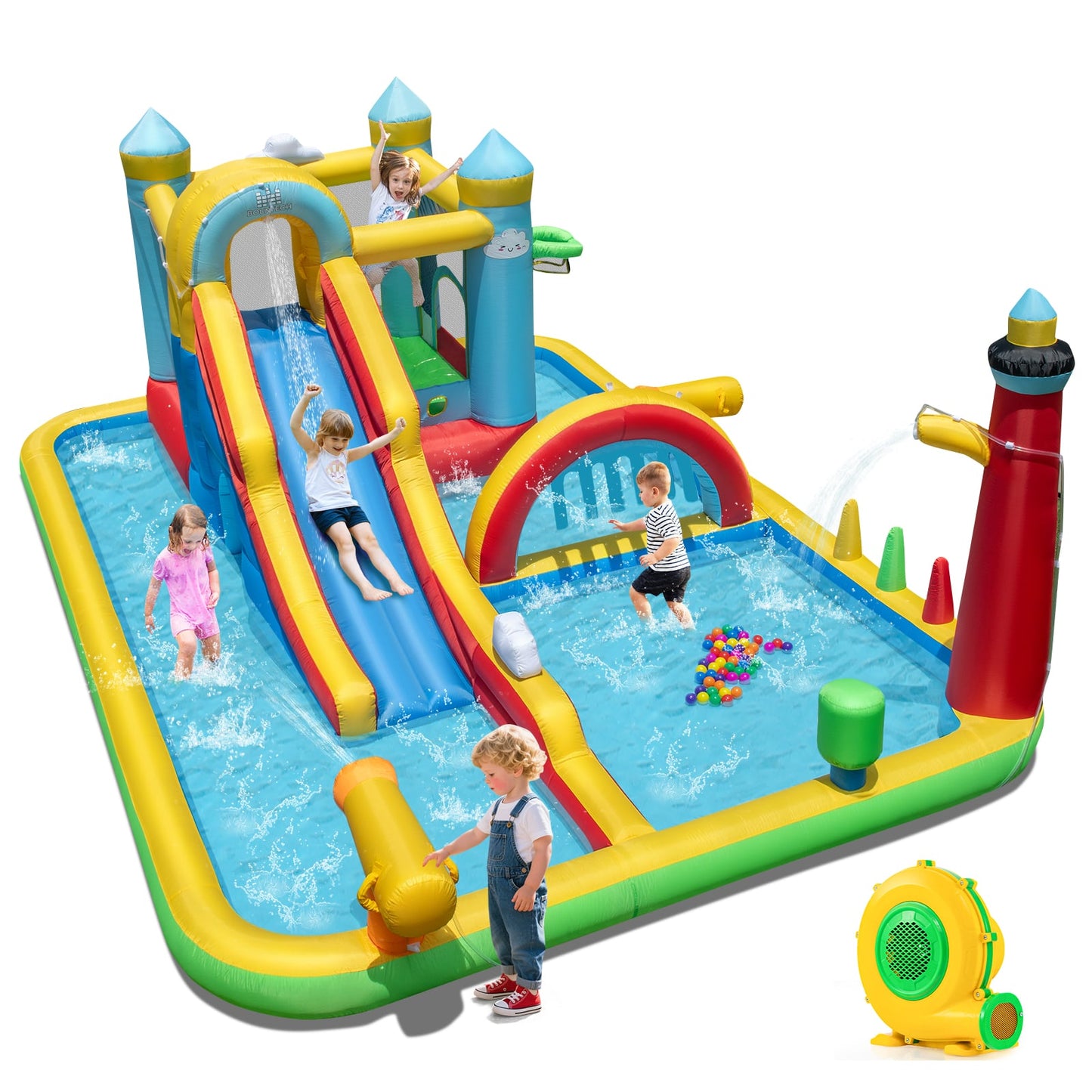 Inflatable Water Slide Giant Water Park with Long Slide 750W Blower