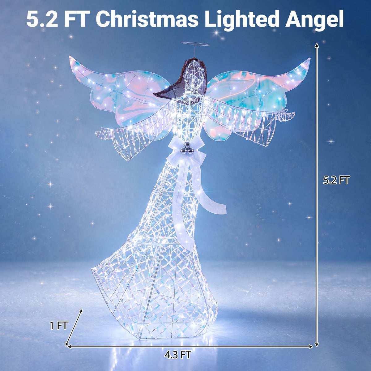 Iridescent Christmas angel decoration with 230 cold white LEDs, holiday decor for Christmas celebrations, by Wilsons Home Store.