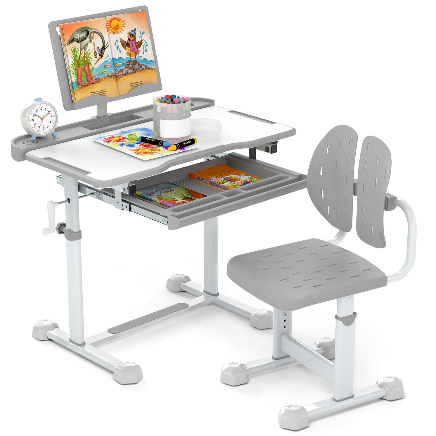 Kid's Study Desk and Chair Set with Tilt Desktop and Book Stand-Blue