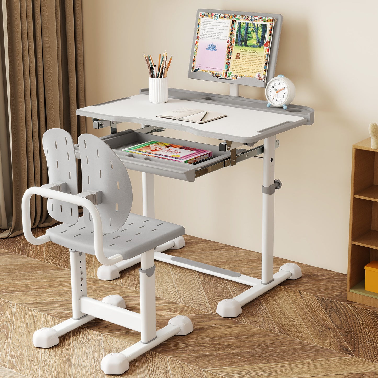 Kid's Study Desk and Chair Set with Tilt Desktop and Book Stand-Blue