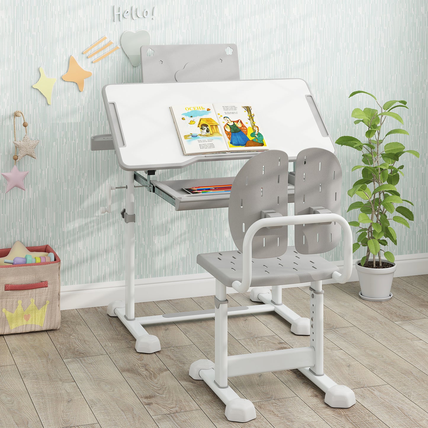 Kid's Study Desk and Chair Set with Tilt Desktop and Book Stand-Blue