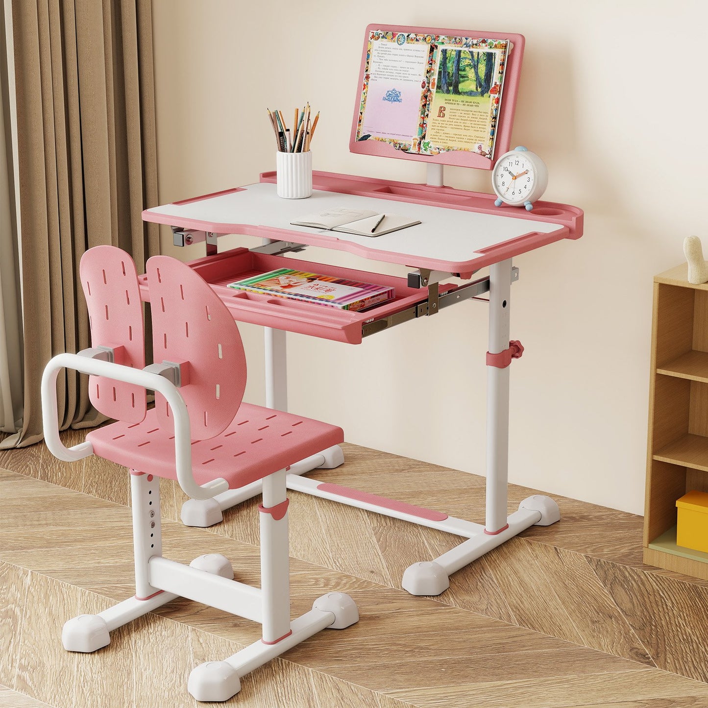 Kid's Study Desk and Chair Set with Tilt Desktop and Book Stand-Blue