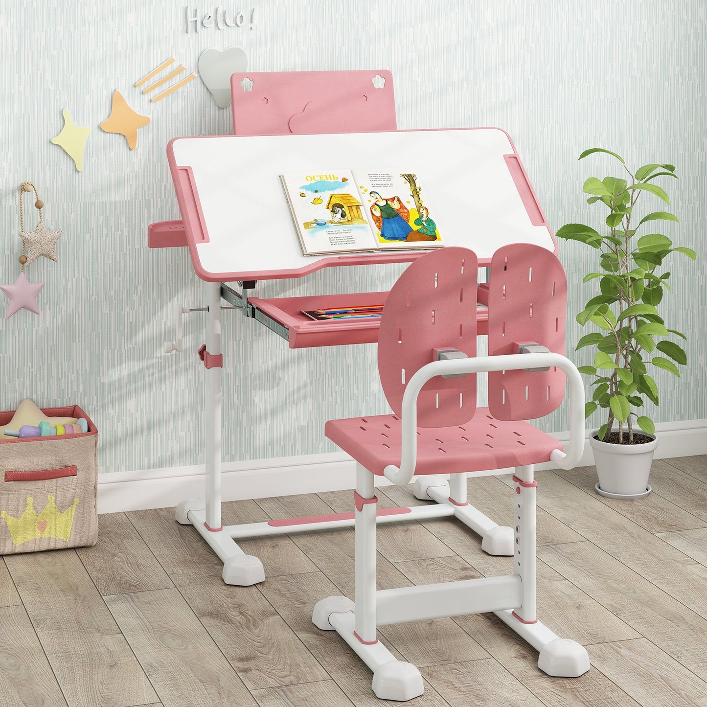 Kid's Study Desk and Chair Set with Tilt Desktop and Book Stand-Blue