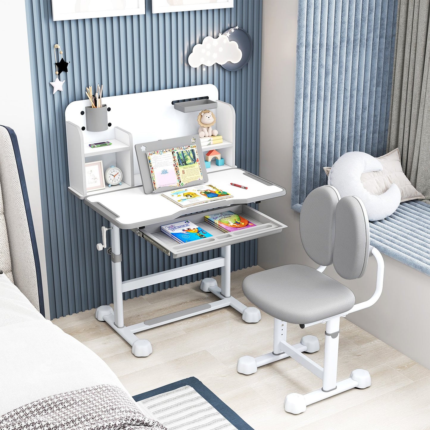 Kid's Study Desk and with Tilt Desktop and Pen Holder-Blue