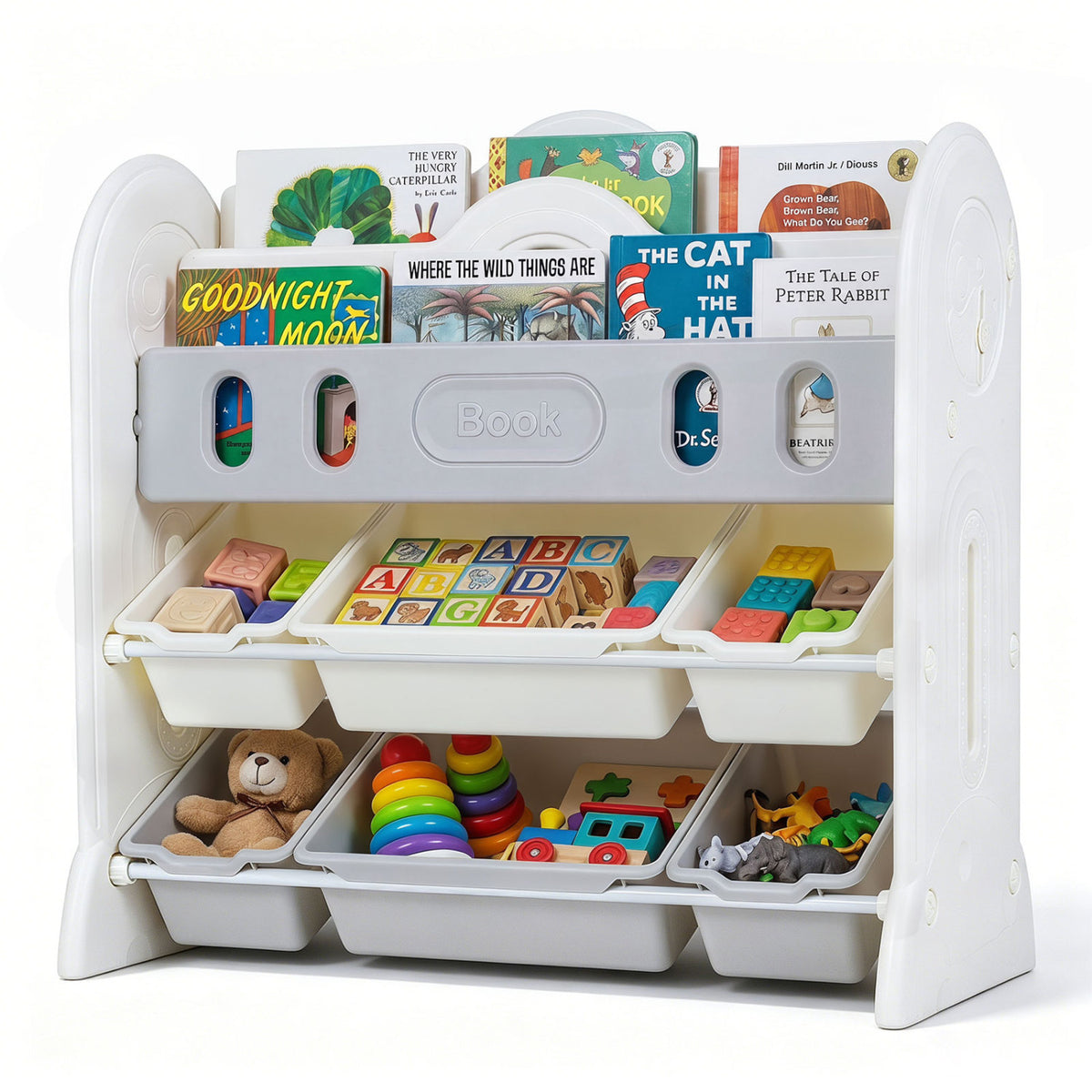 Kids bookshelf and toy storage organizer with two front-facing racks, designed for toddler and kids furniture.