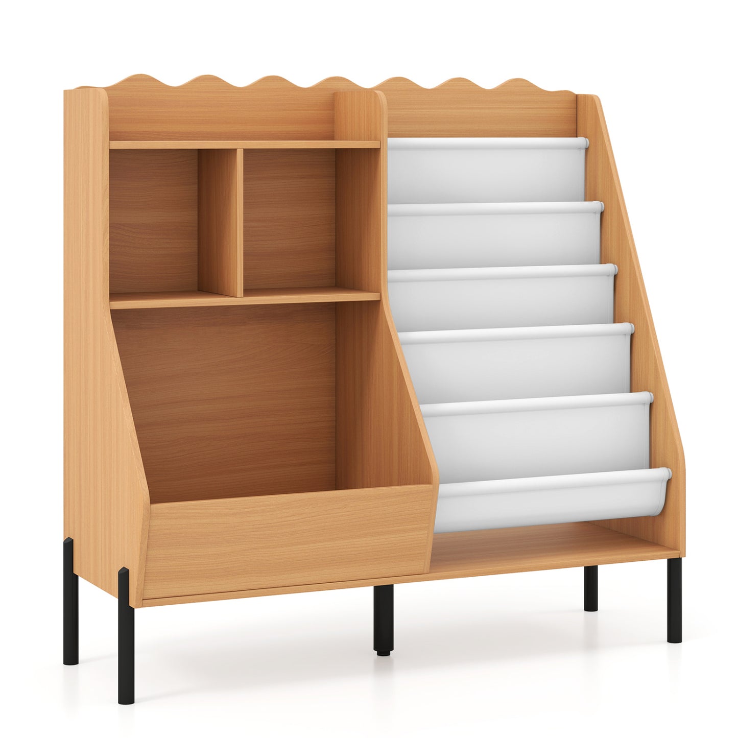 Kids Bookshelf and Toy Storage Organizer Wooden Bookcase with 5 Fabric Pockets-Natural