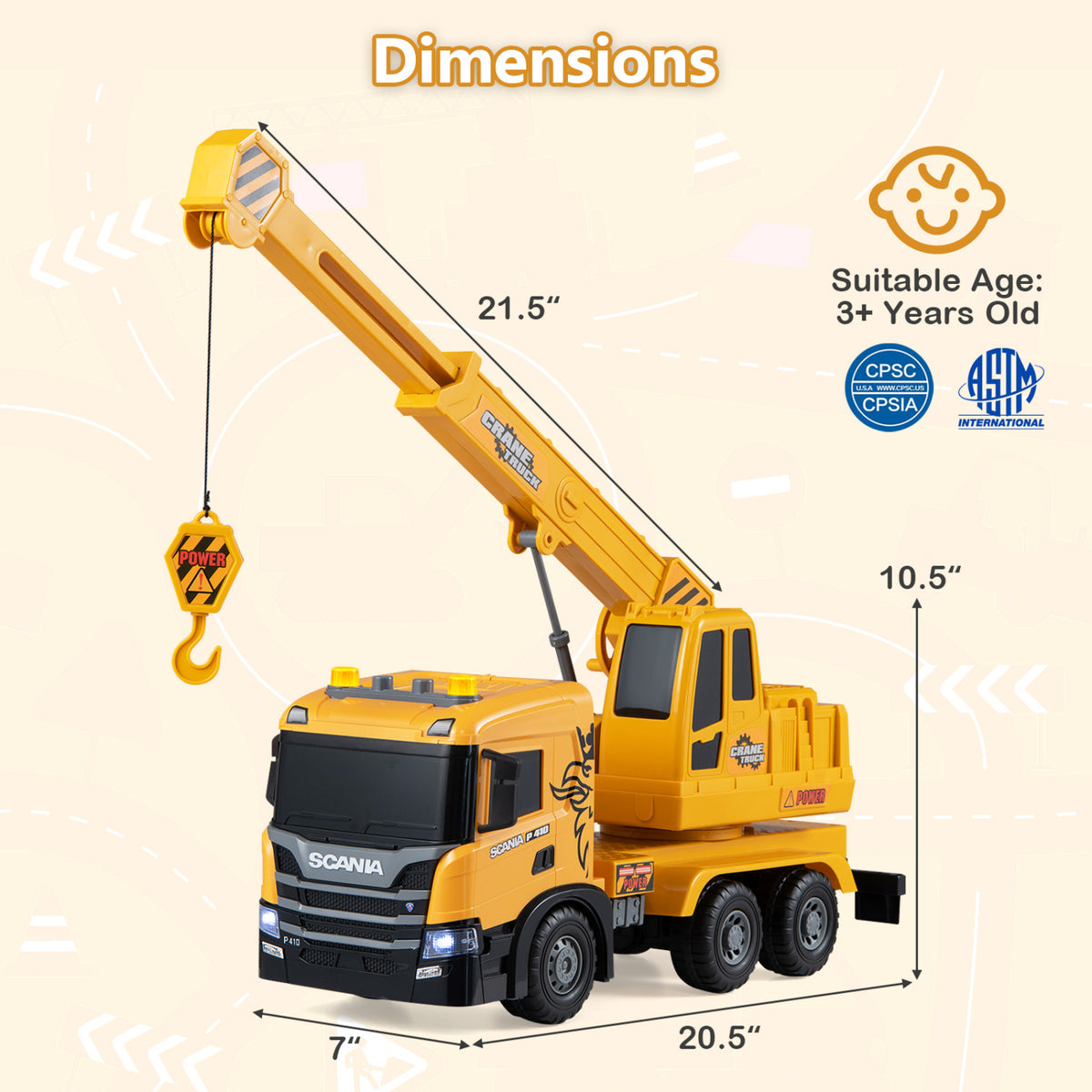 Kids Crane Truck Toy with Sounds and Telescopic Arm Licensed Scania-Yellow