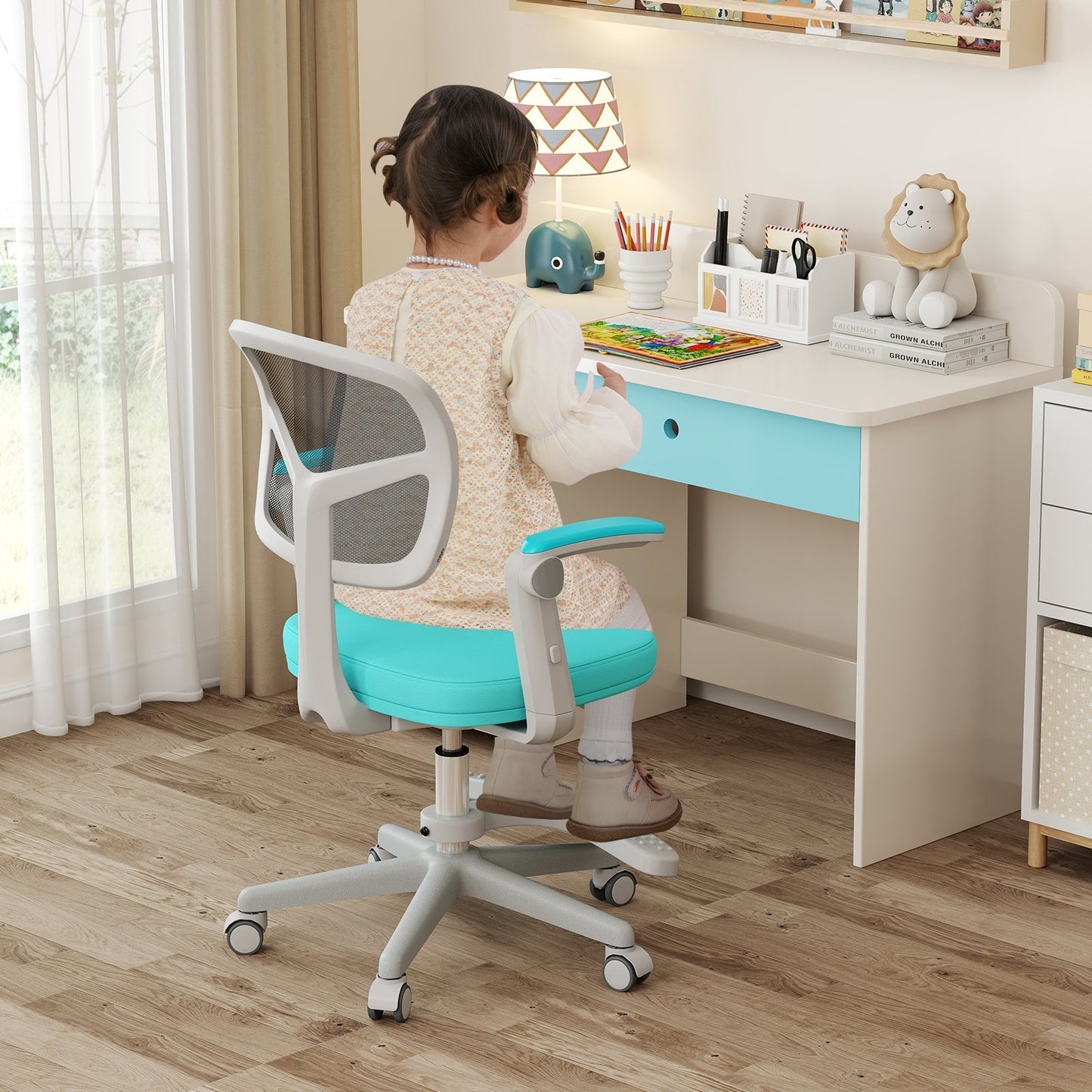 Kids Desk Chair Children Study Chair with Adjustable Height Armrest and Footrest-Blue