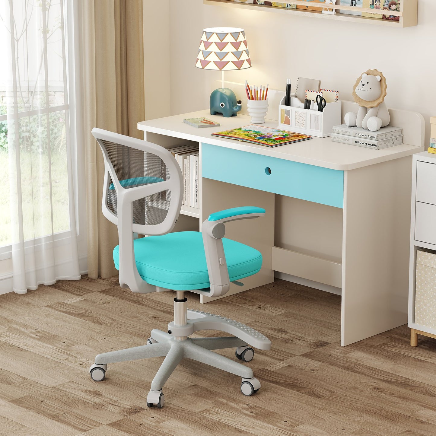 Kids Desk Chair Children Study Chair with Adjustable Height Armrest and Footrest-Blue