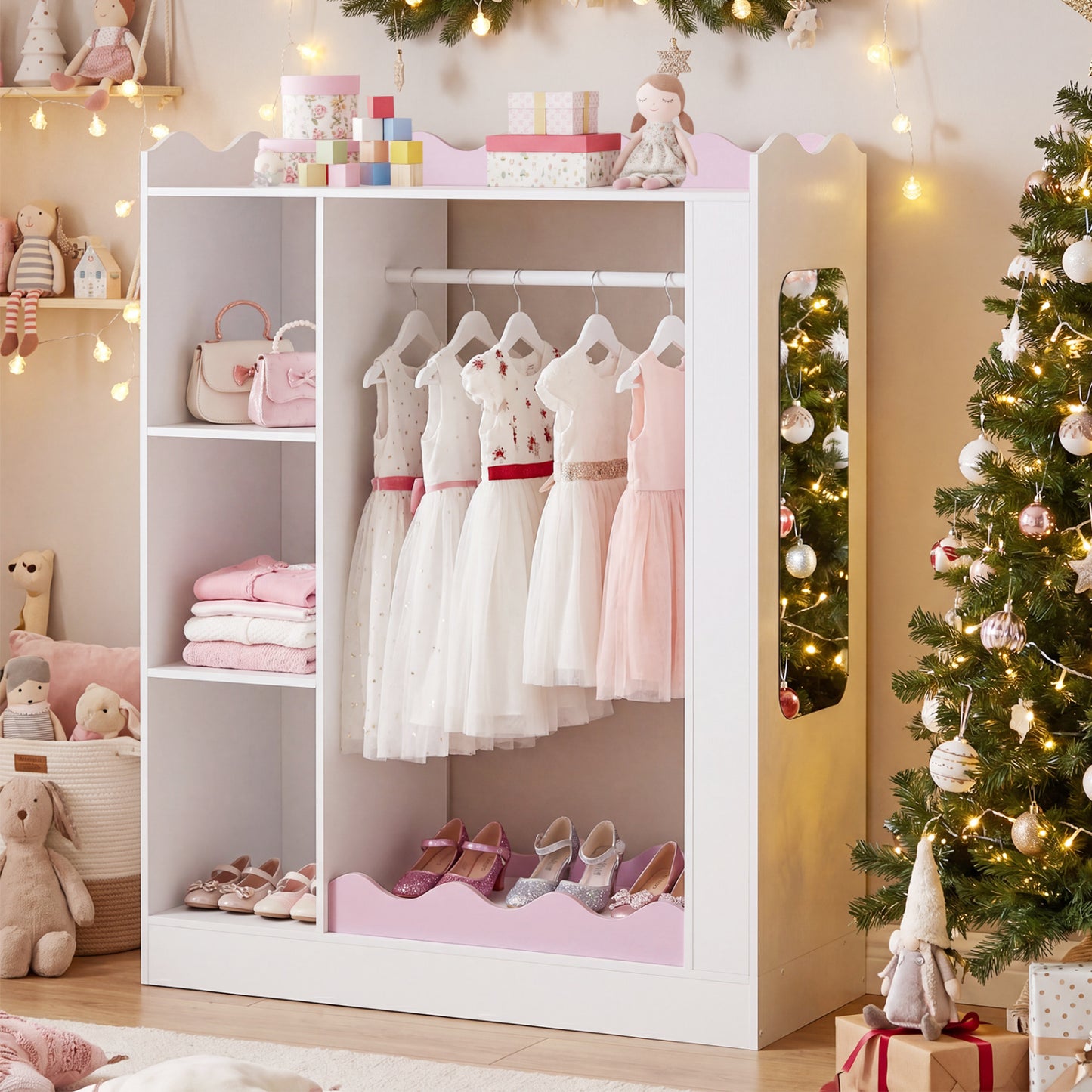 Kids Dress Up Storage with Mirrors and Hanging Rack and Shelves for Bedroom-Red