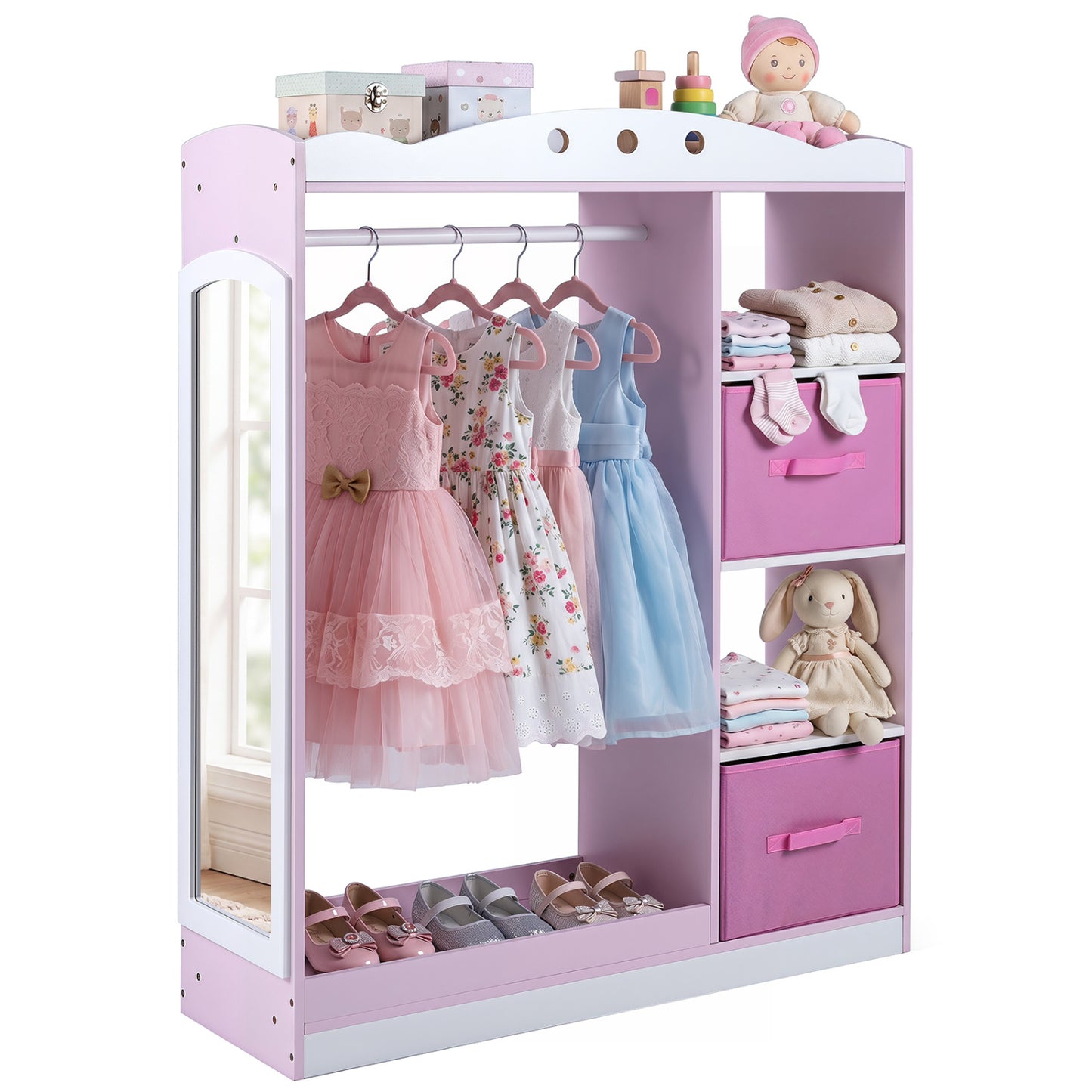 Pink kids dress-up storage with full-length mirror and open shelves for toddlers and kids, designed for organized play and dressing.