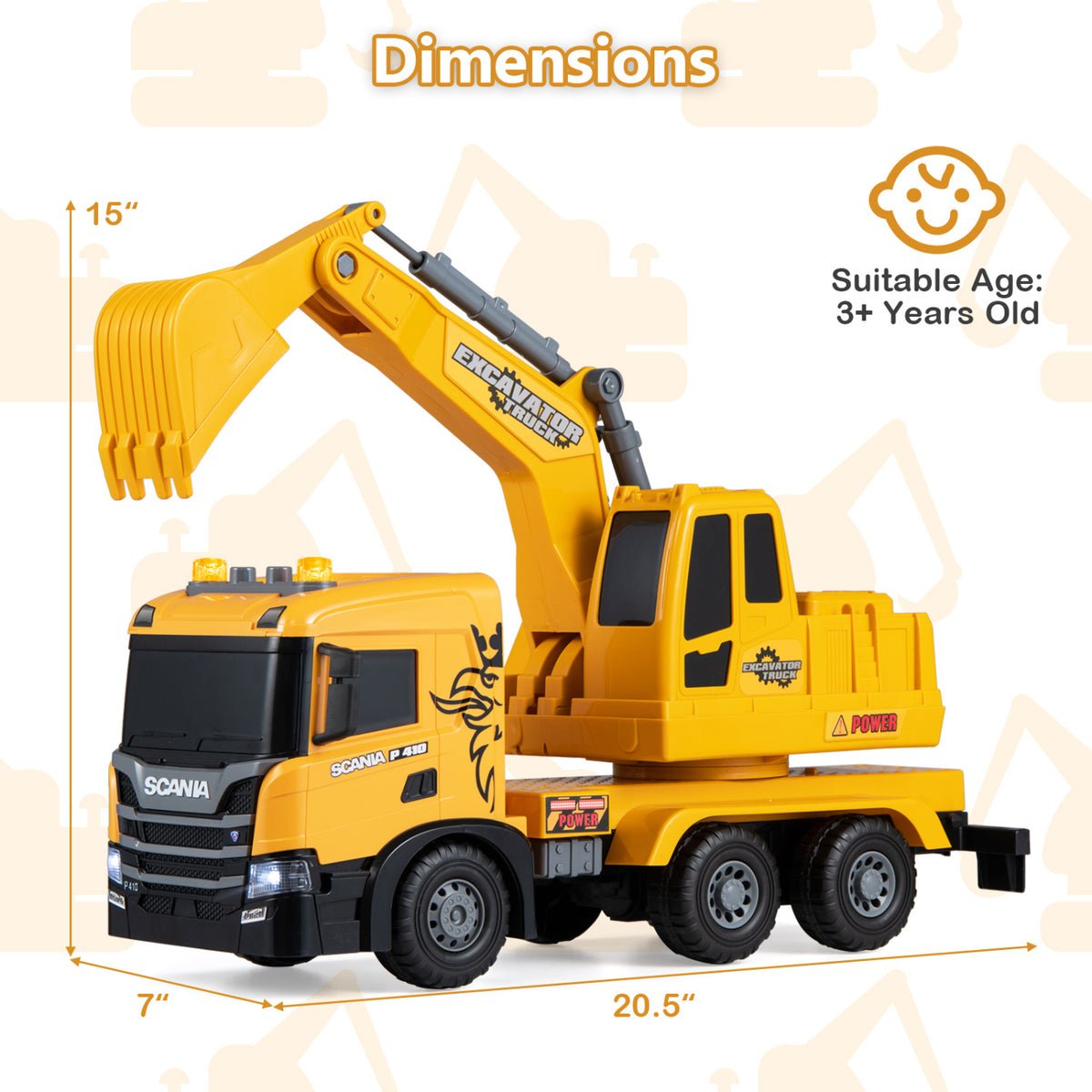 Kids Excavator Truck Toy with Adjustable Arm and Rotating Cab Licensed Scania-Yellow