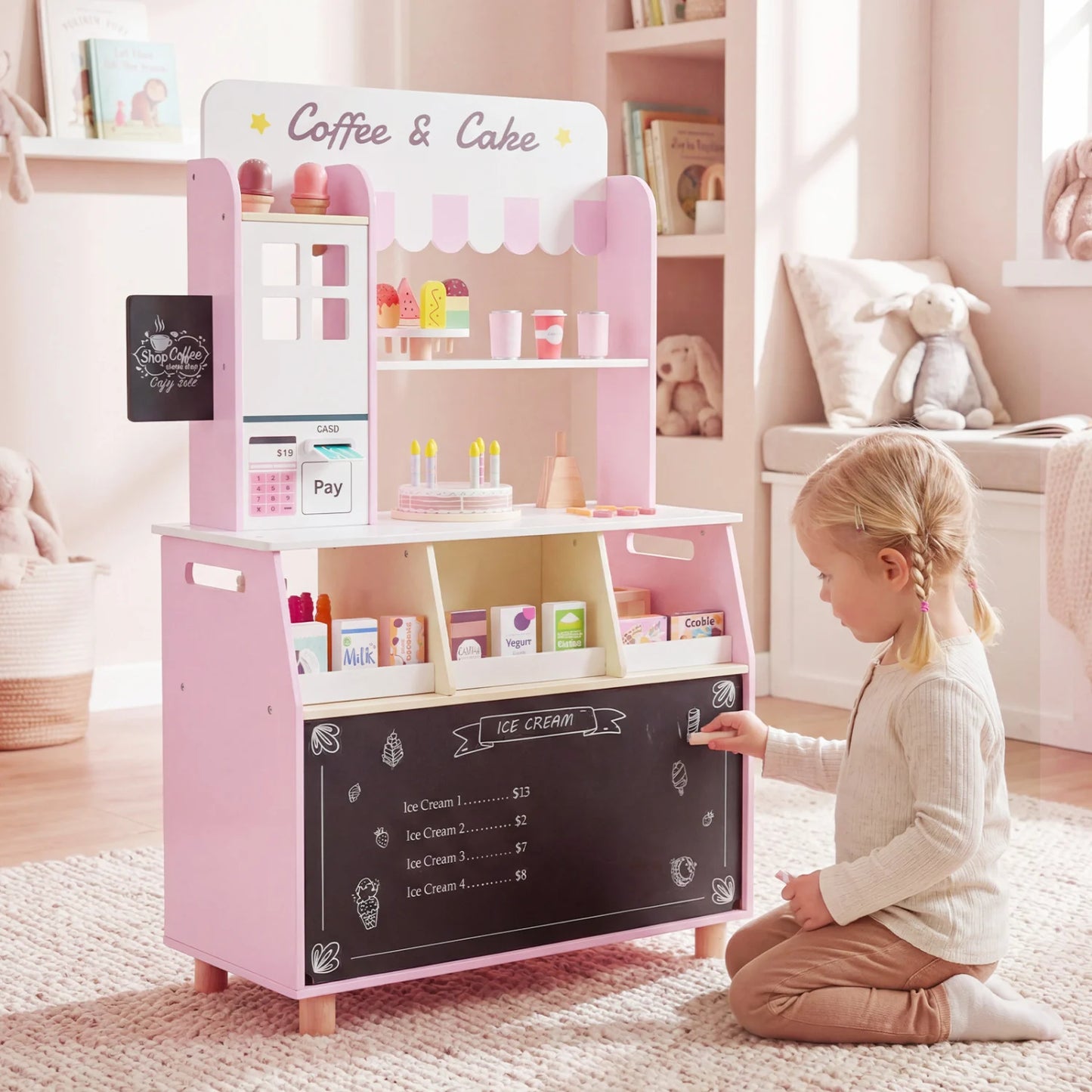 Kids ice cream shop playset with 27 accessories and ice cream machine, in blue, for ages 3+ from Wilsons Home Store.