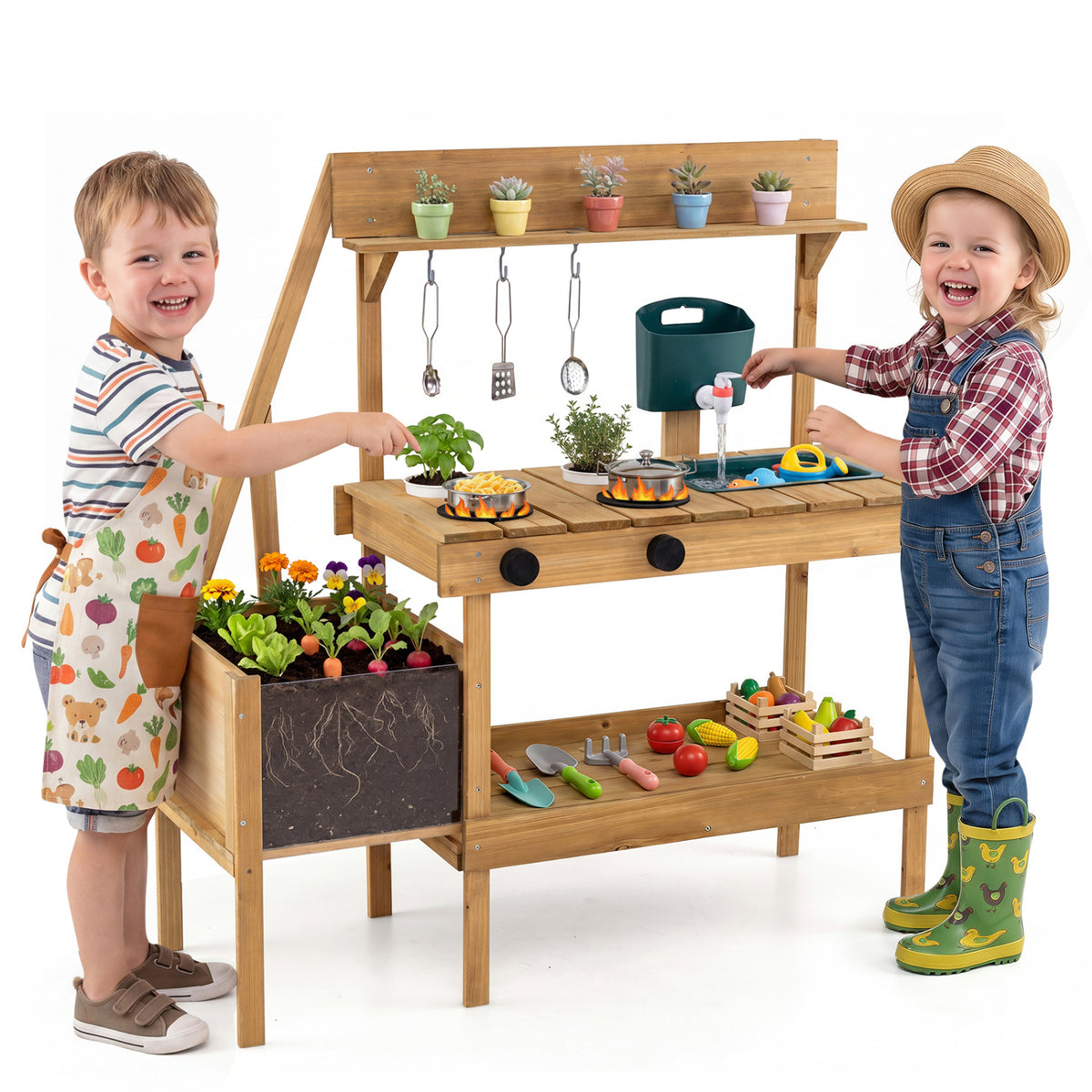 Kids wooden mud kitchen with planter box, natural finish, for pretend play and outdoor fun, by Wilsons Home Store.