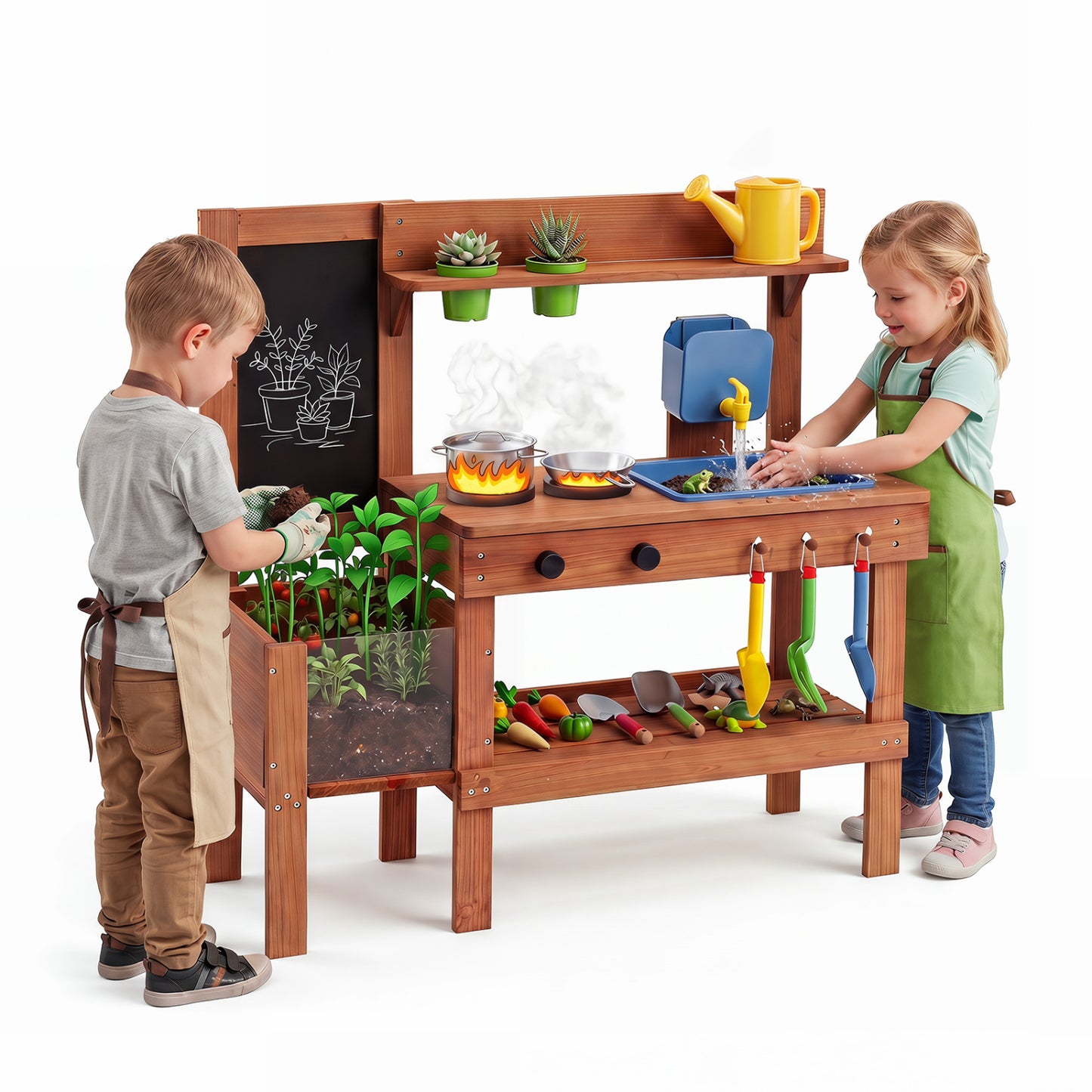 Kids mud kitchen with planter box, sink, and 13 accessories for ages 3+; outdoor pretend play toy by Wilsons Home Store