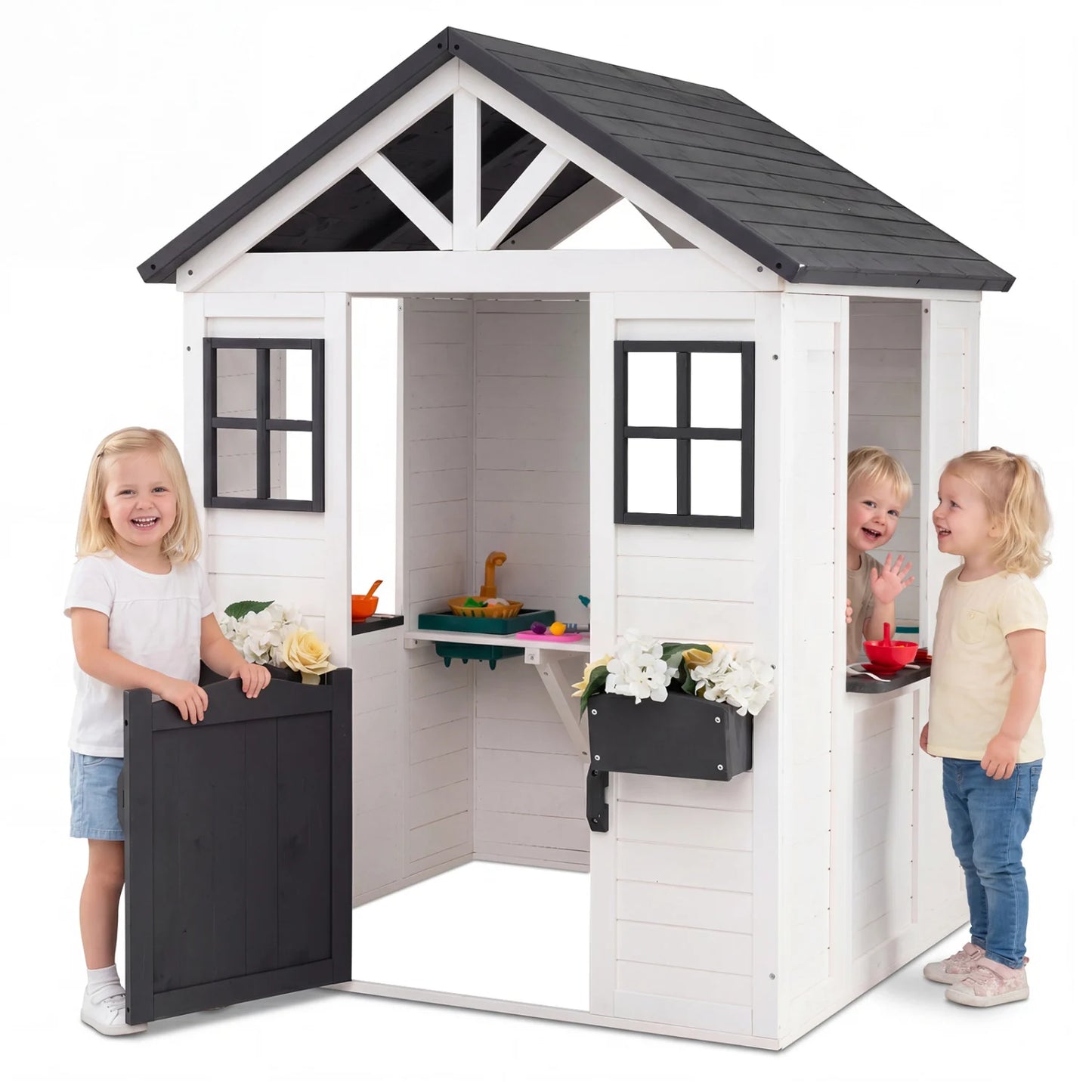 Kids Outdoor Playhouse with Sink Spruce Wooden Cottage with Half Door-Gray