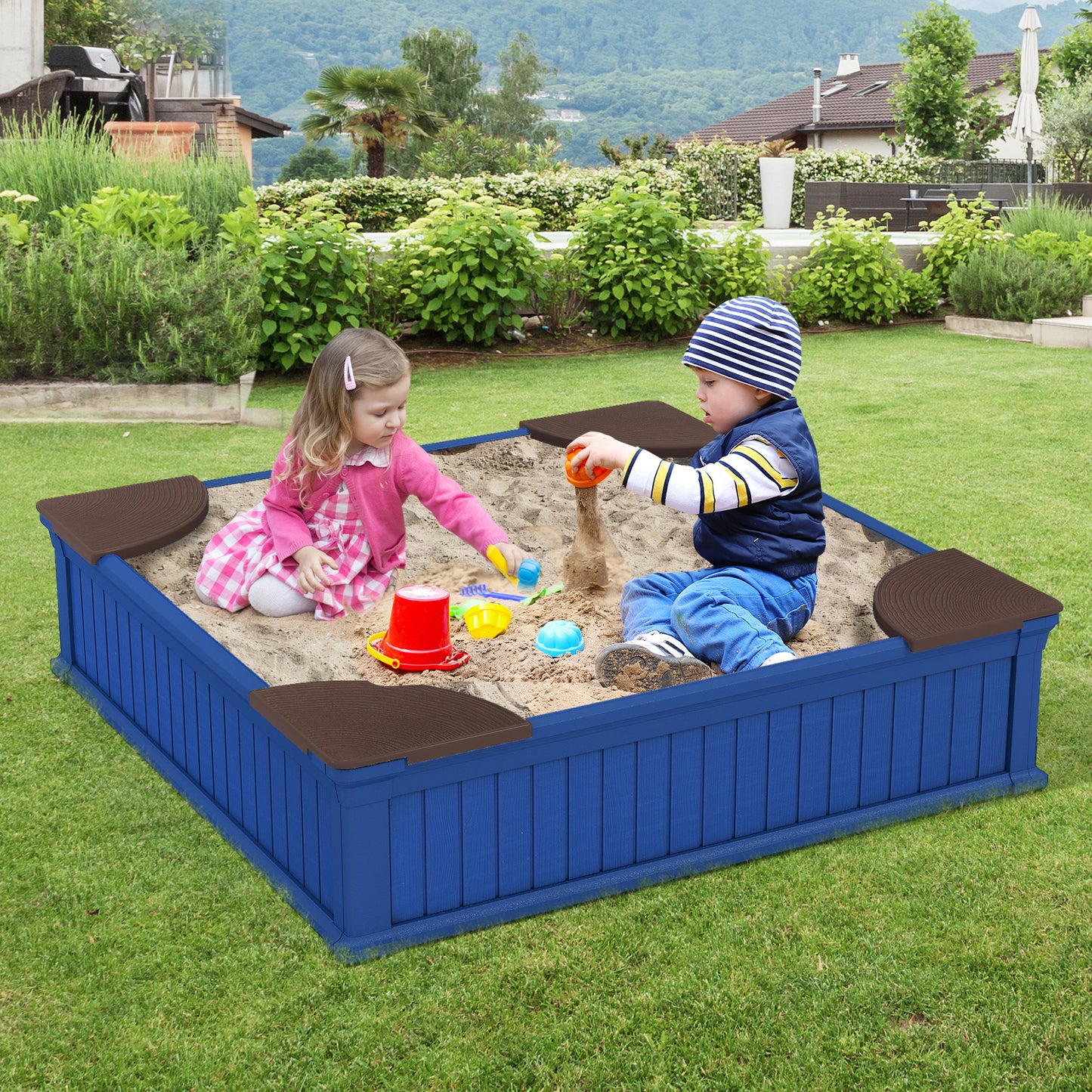 Kids Outdoor Sandbox with Oxford Cover and 4 Corner Seats-Navy