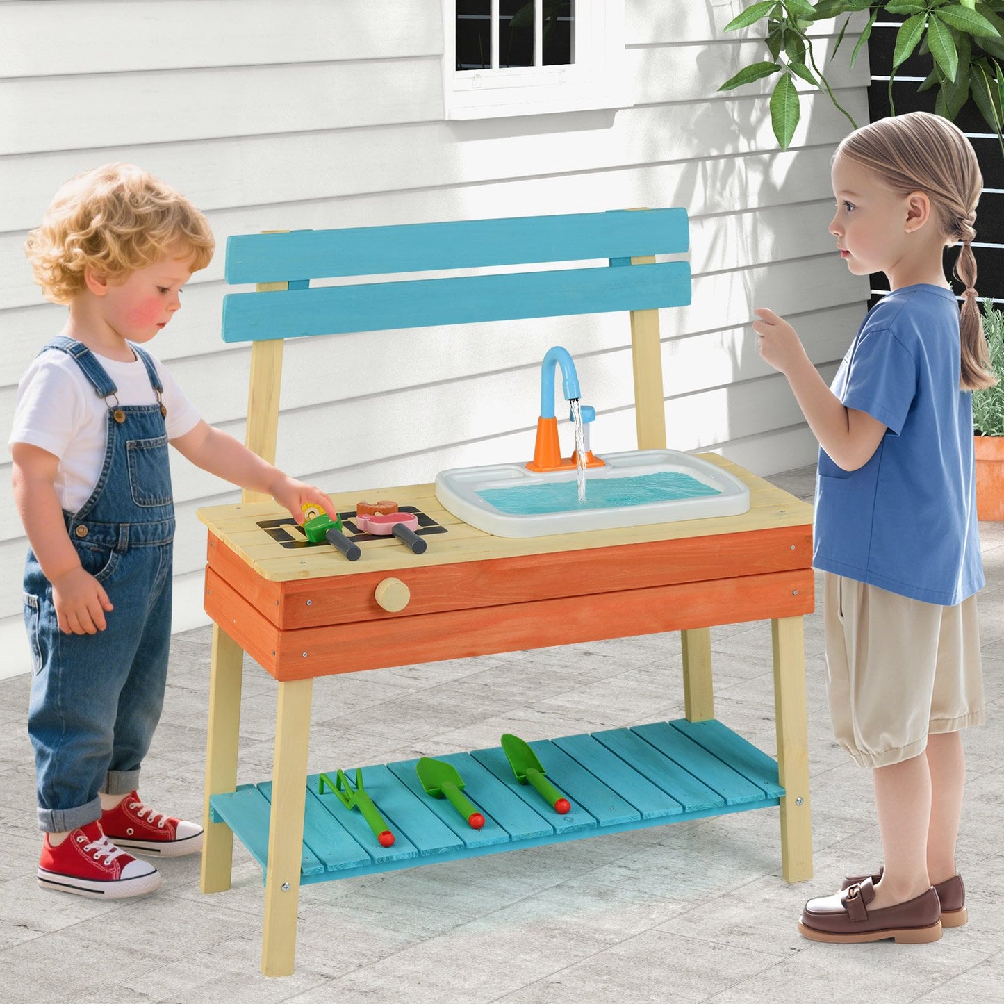 Kids Play Kitchen Set Wooden Kitchen Playset Chef Pretend Mud Kitchen-Blue