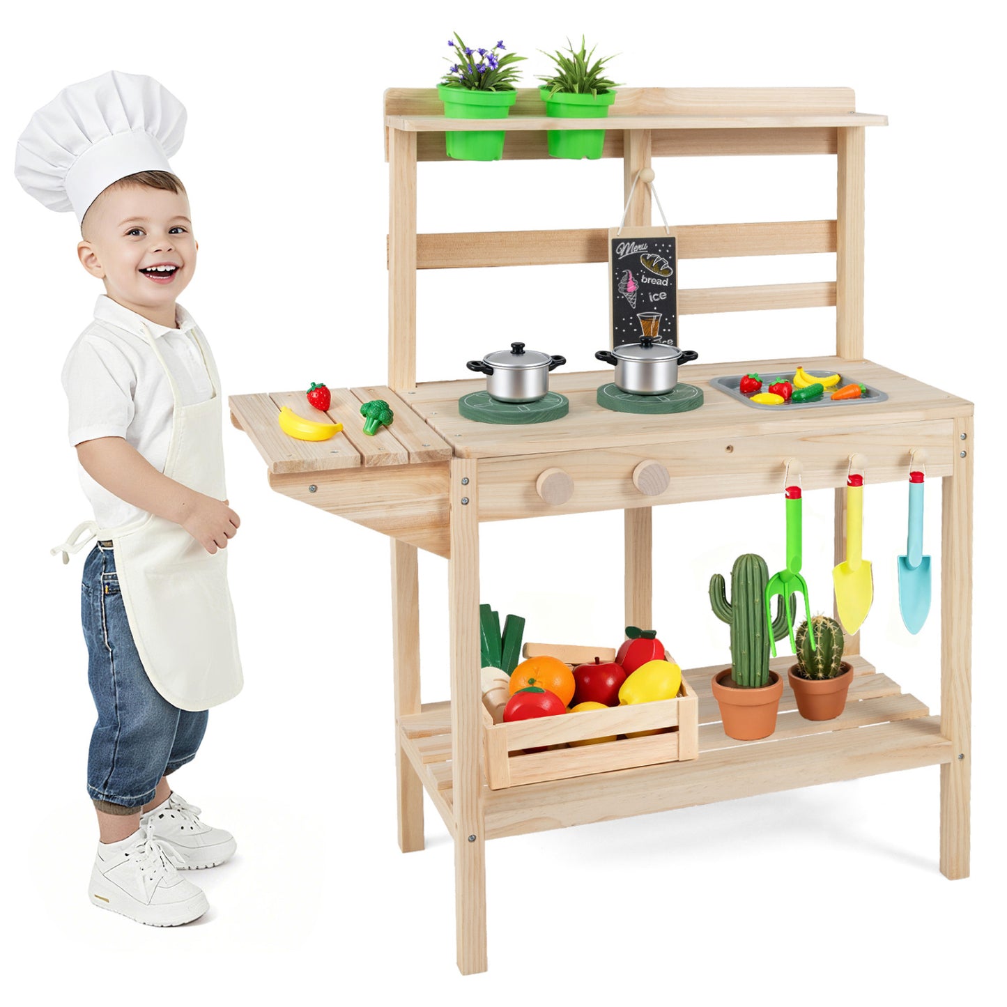 Wooden kids play kitchen set with stoves, designed for boys and girls ages 3 and up, natural finish, pretend toy for imaginative play