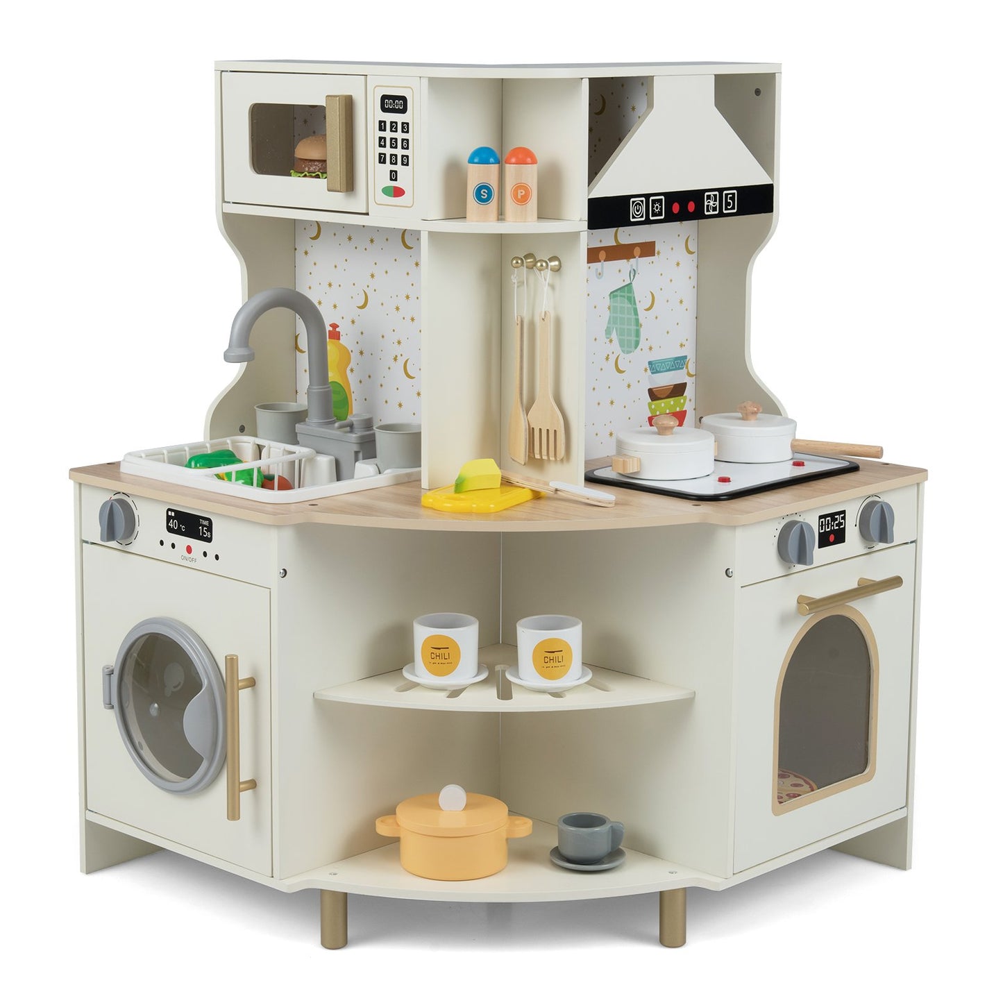 Kids Play Kitchen Wooden Corner Kitchen Playset with Working Faucet and Sink-Beige