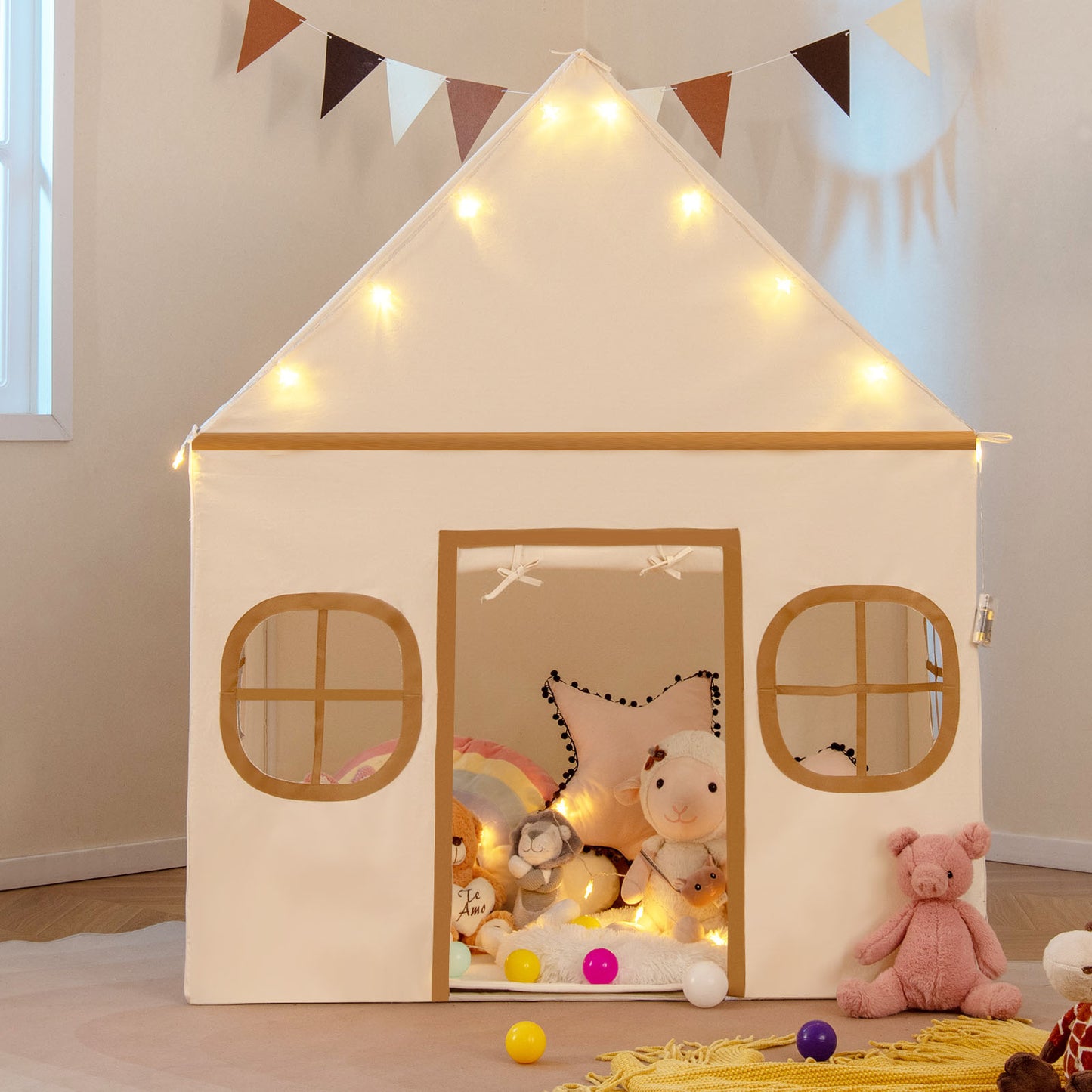 Kids Play Tent Large Playhouse with Door Curtain and Windows Star Lights-Beige