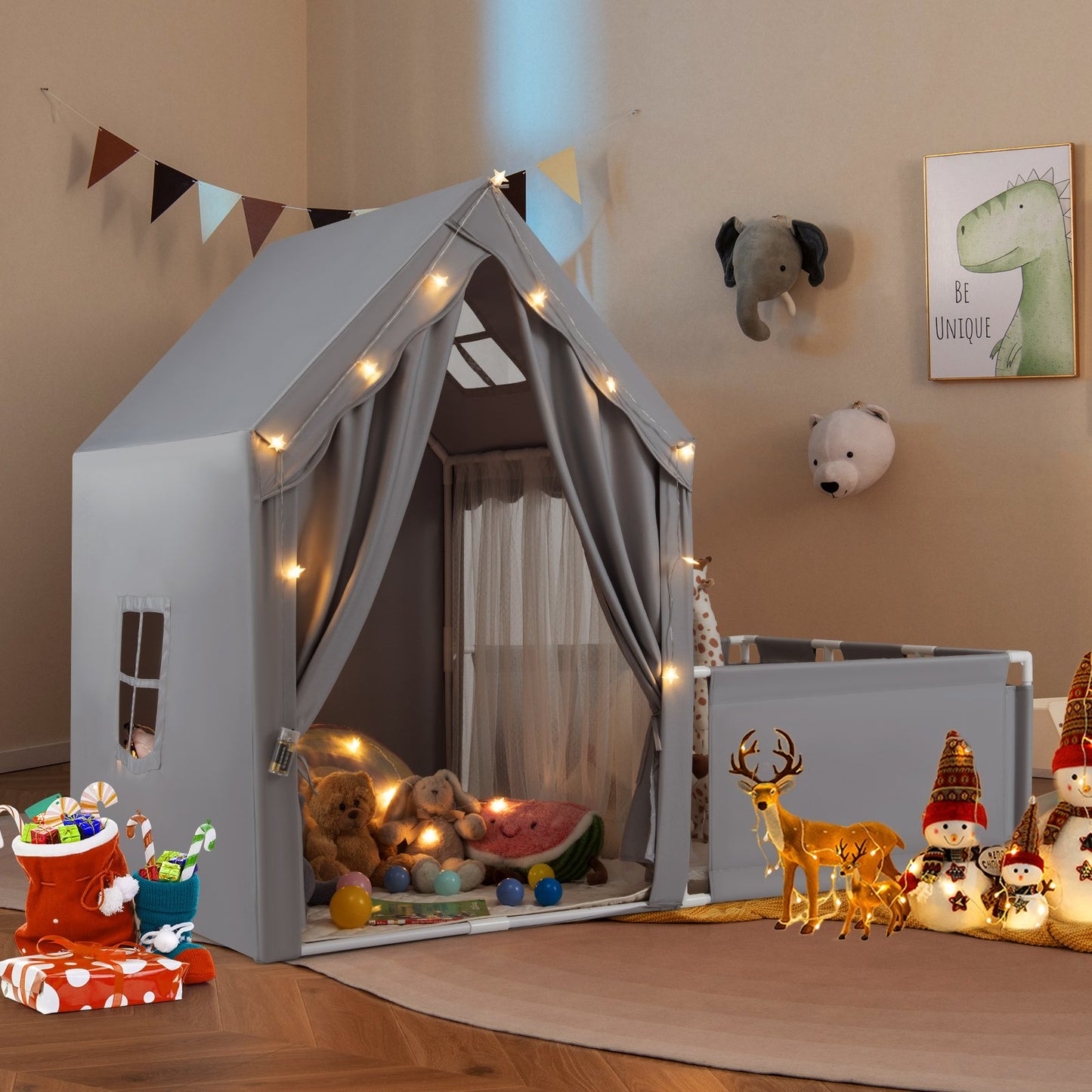 Kids Play Tent with Playpen 2-in-1 Toddler Playhouse with Yard-Beige
