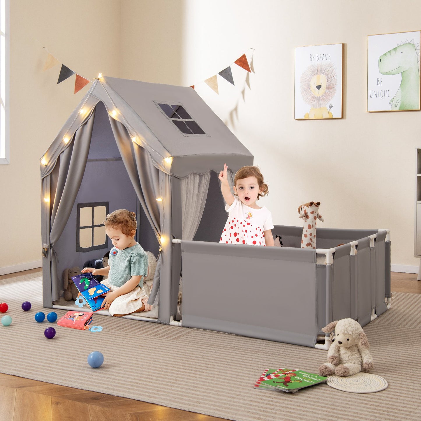 Kids Play Tent with Playpen 2-in-1 Toddler Playhouse with Yard-Beige
