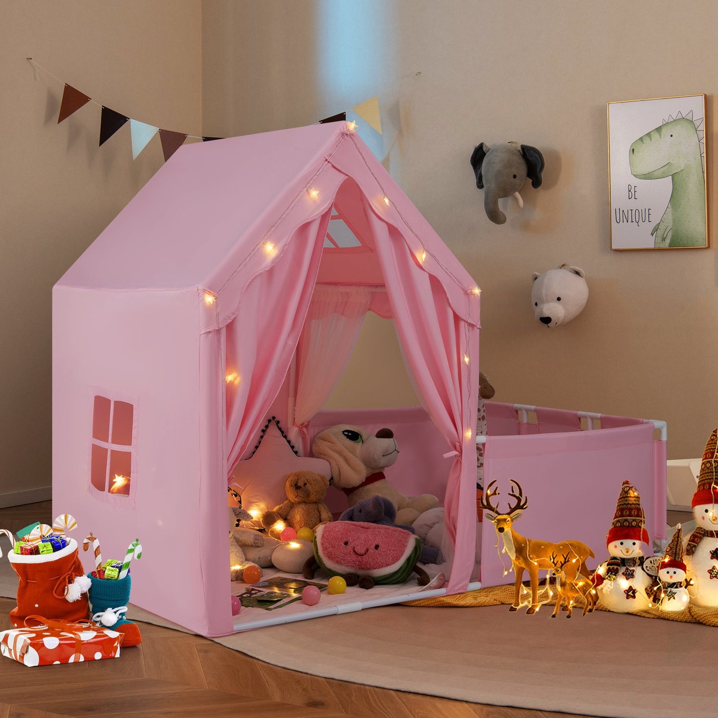 Kids Play Tent with Playpen 2-in-1 Toddler Playhouse with Yard-Beige