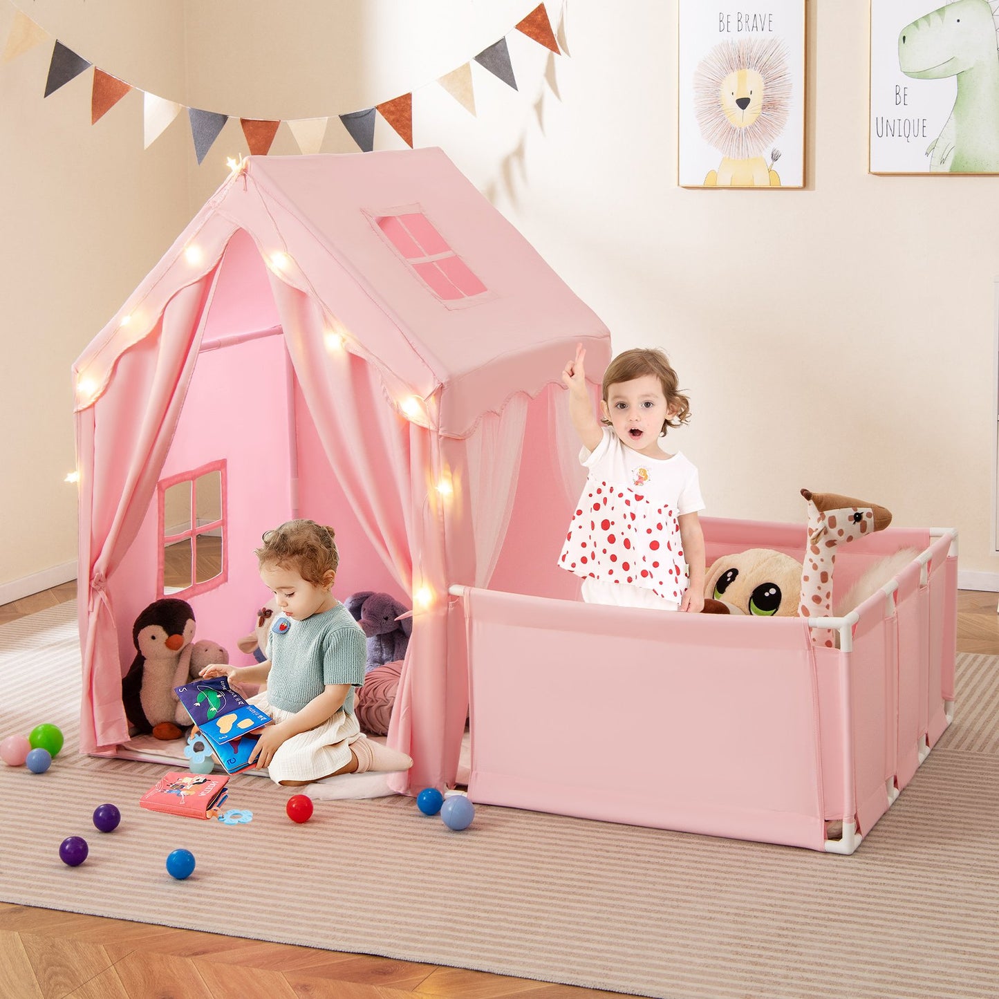 Kids Play Tent with Playpen 2-in-1 Toddler Playhouse with Yard-Beige