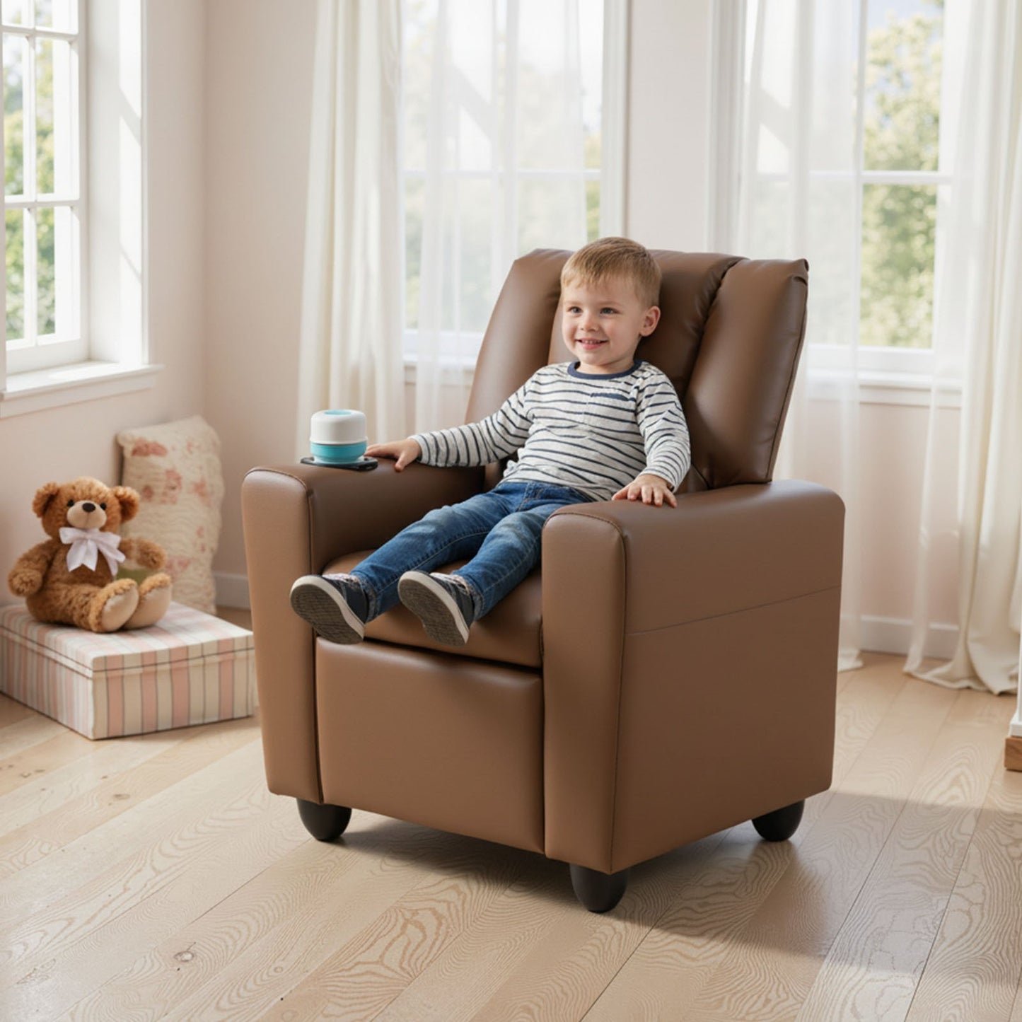 Kids Recliner Chair Push Back Toddler Reclining Armchair with Cup Holder-White
