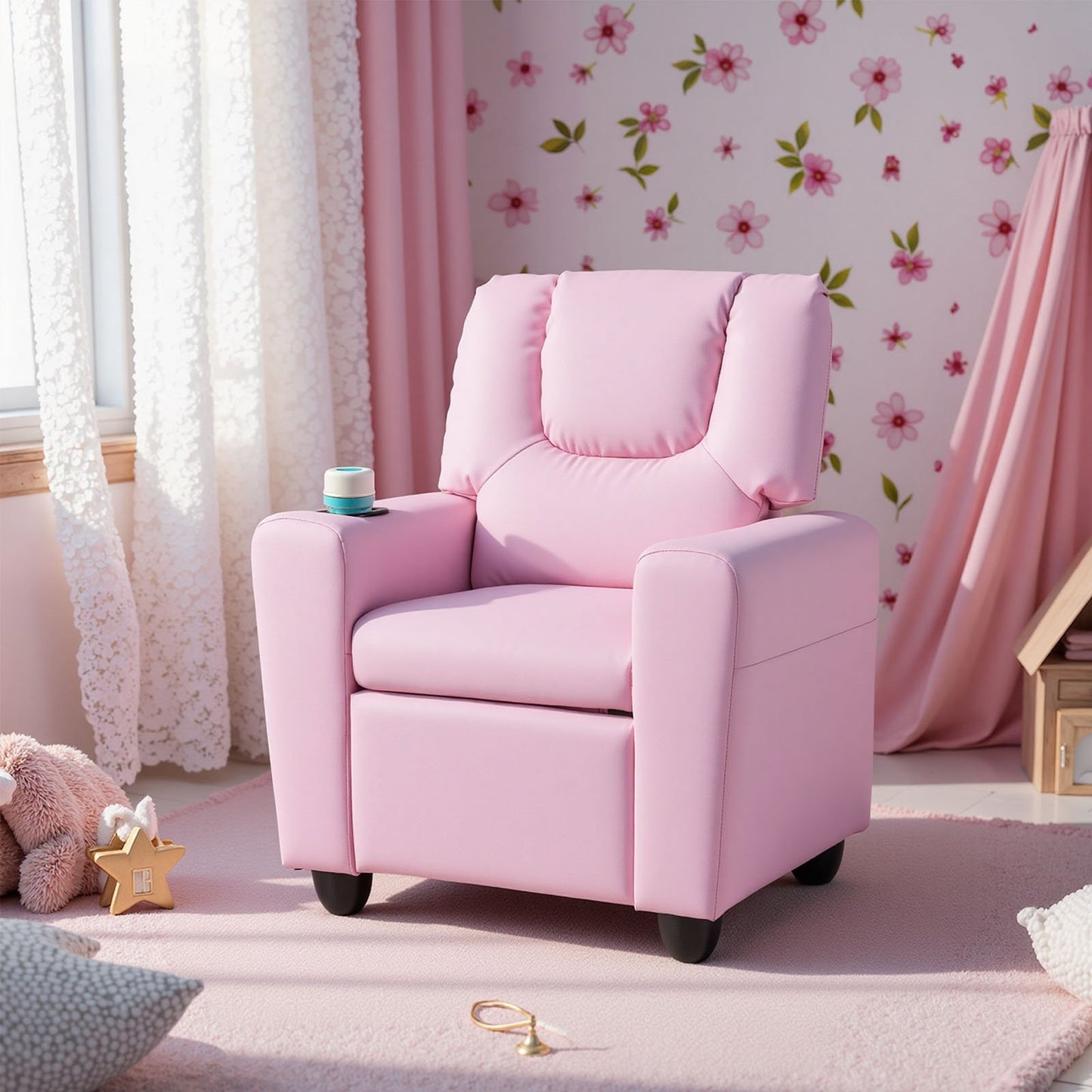 Kids Recliner Chair Push Back Toddler Reclining Armchair with Cup Holder-White